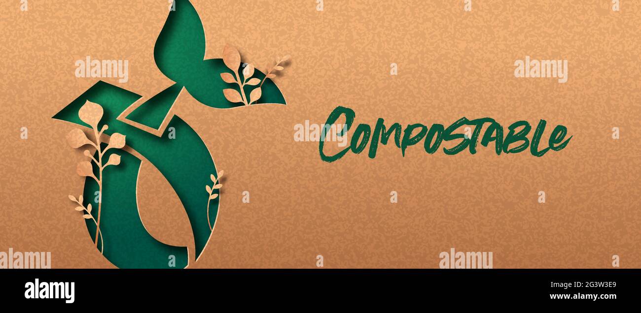 Kompostierbares Produkt papercut Web-Banner Illustration mit grünem Blatt-Symbol. 3D-Kompostierung Ausschnitt Handwerk Design in recyceltem Papier Hintergrund. Natürlich w Stock Vektor