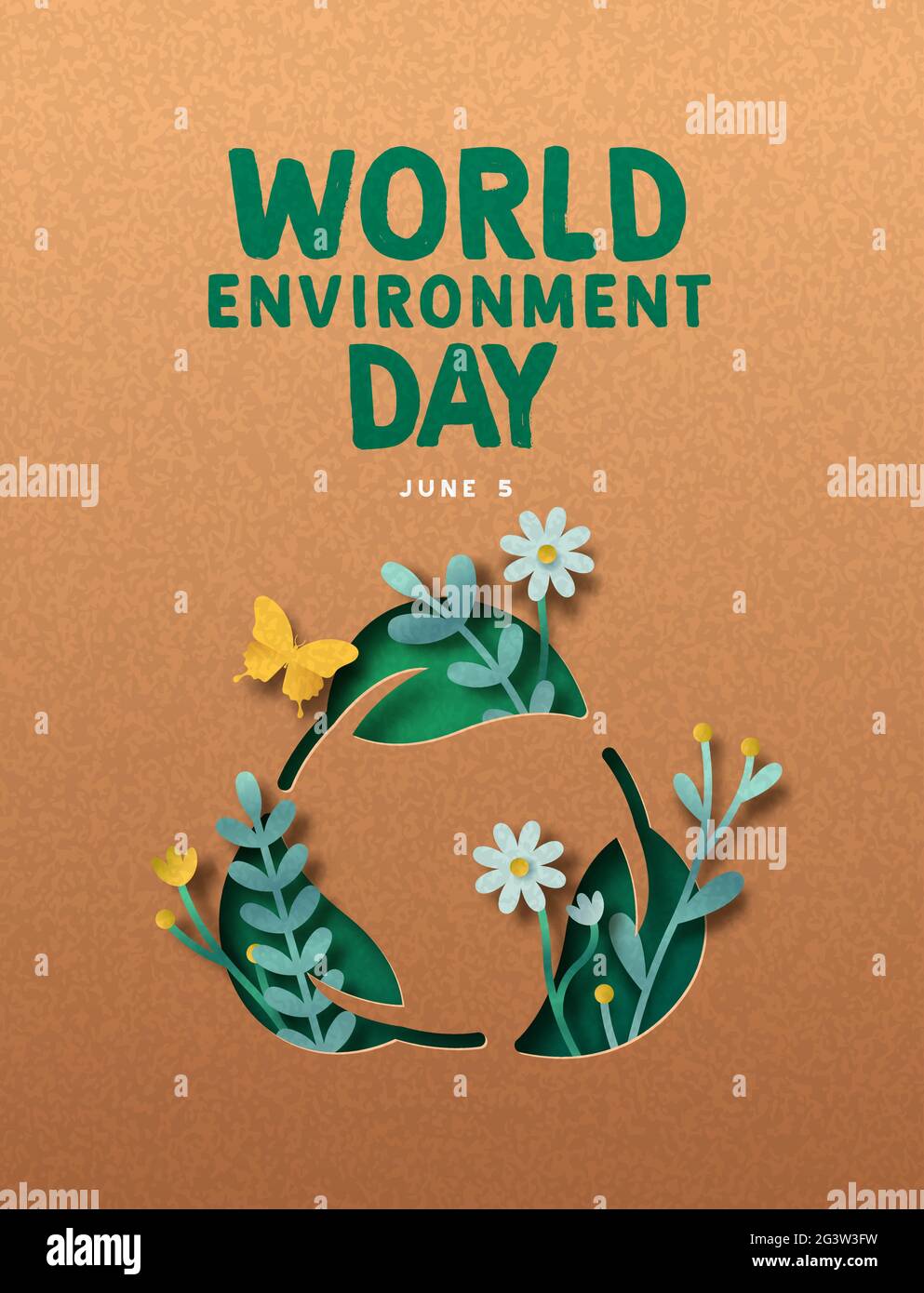 Welt Umwelt Tag Papercut Grußkarte Illustration von grünen Pflanze Blatt recyceln Symbol mit 3d-Papier Handwerk Natur Dekoration. Juni 5 Ökologie Auto Stock Vektor