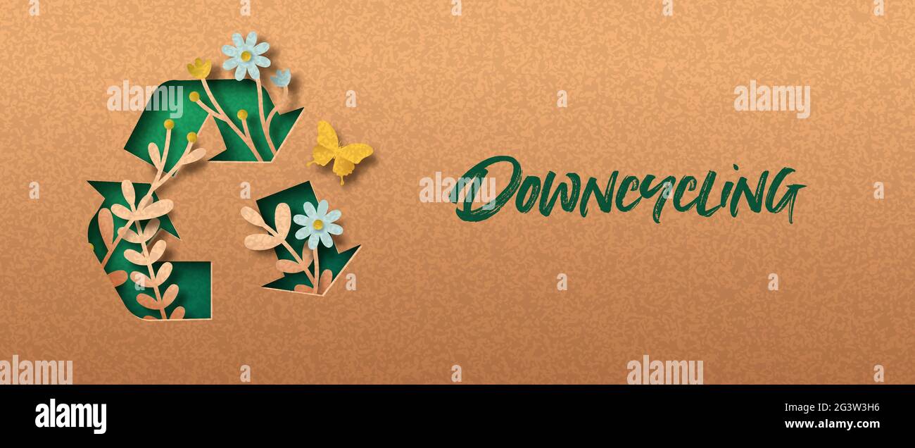 Downcycle papercut Banner mit Pflanzenblatt und Schmetterling im Inneren recyceln Pfeil Zeichen. Umweltfreundliches Downcycling-Symbol, Null-Abfall-Konzept. 3D-Ausschnitt in Stock Vektor