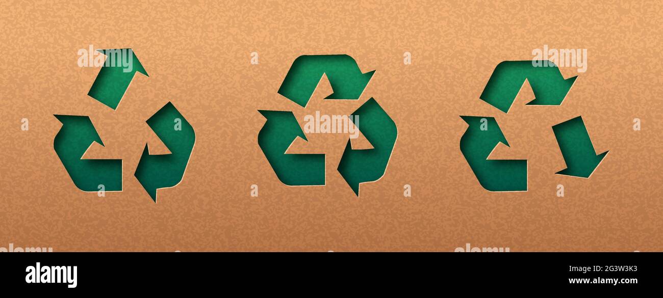 Recycling Green papercut Set mit Pfeil nach unten und oben Zeichen. Umweltfreundliches Downcycling, Upcycling-Symbol, Zero Waste-Konzept. 3D-Ausschnitt aus recyceltem Papier BA Stock Vektor