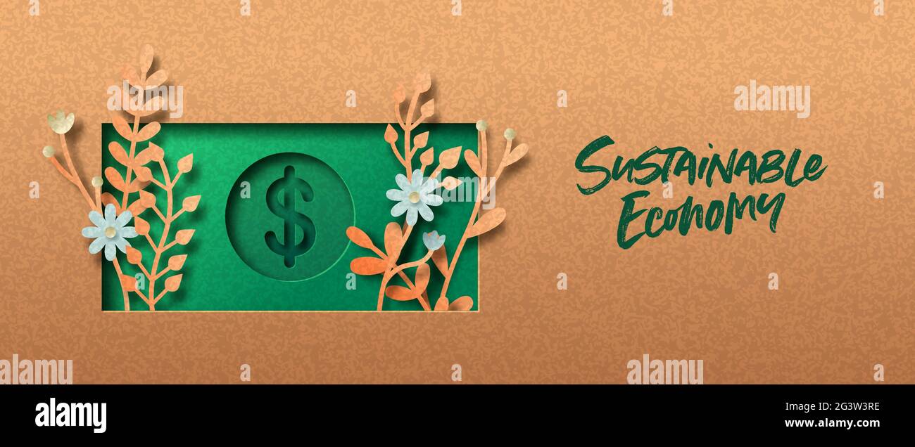 Nachhaltige Wirtschaft papiergeschnittenes Banner mit Pflanzenblatt und Blume im Inneren Geldschein Zeichen. Umweltfreundliches Geschäftssymbol, zirkuläres Finanzierungskonzept. 3D-Cuto Stock Vektor