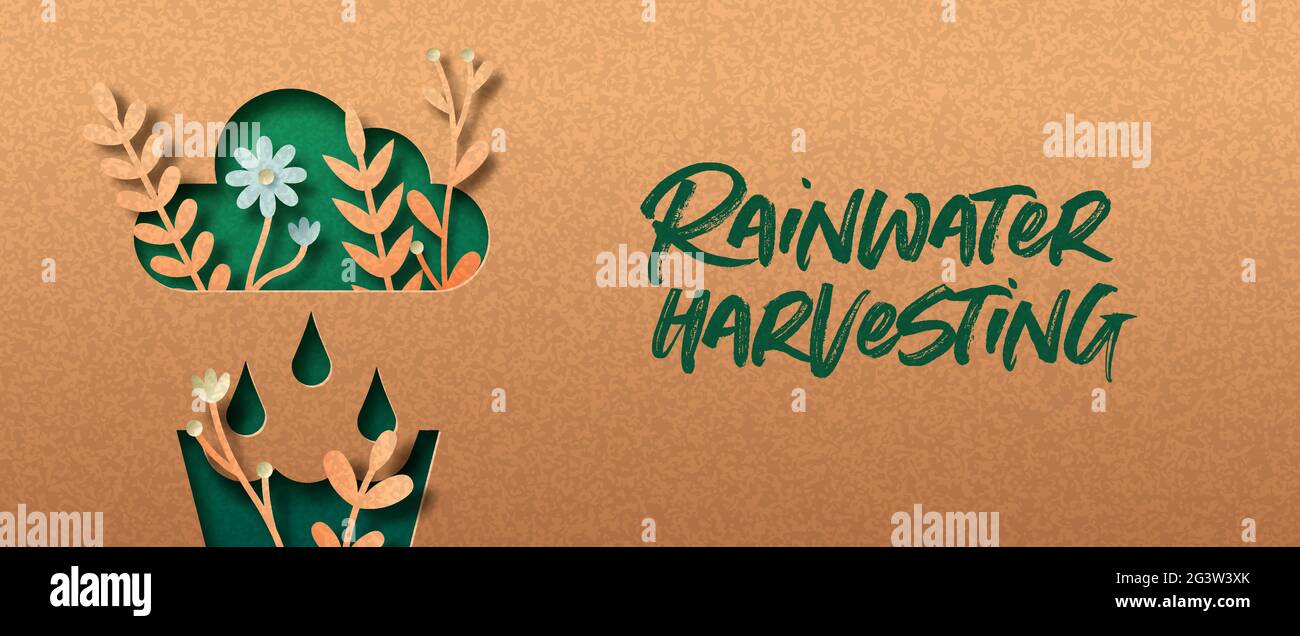 Regenwassernutzung Papierschnitt Web-Banner Illustration Konzept mit grünen Pflanzenblätter wachsen in der Wolke. 3D Regen Wasser Recycling Ausschnitt Handwerk desig Stock Vektor