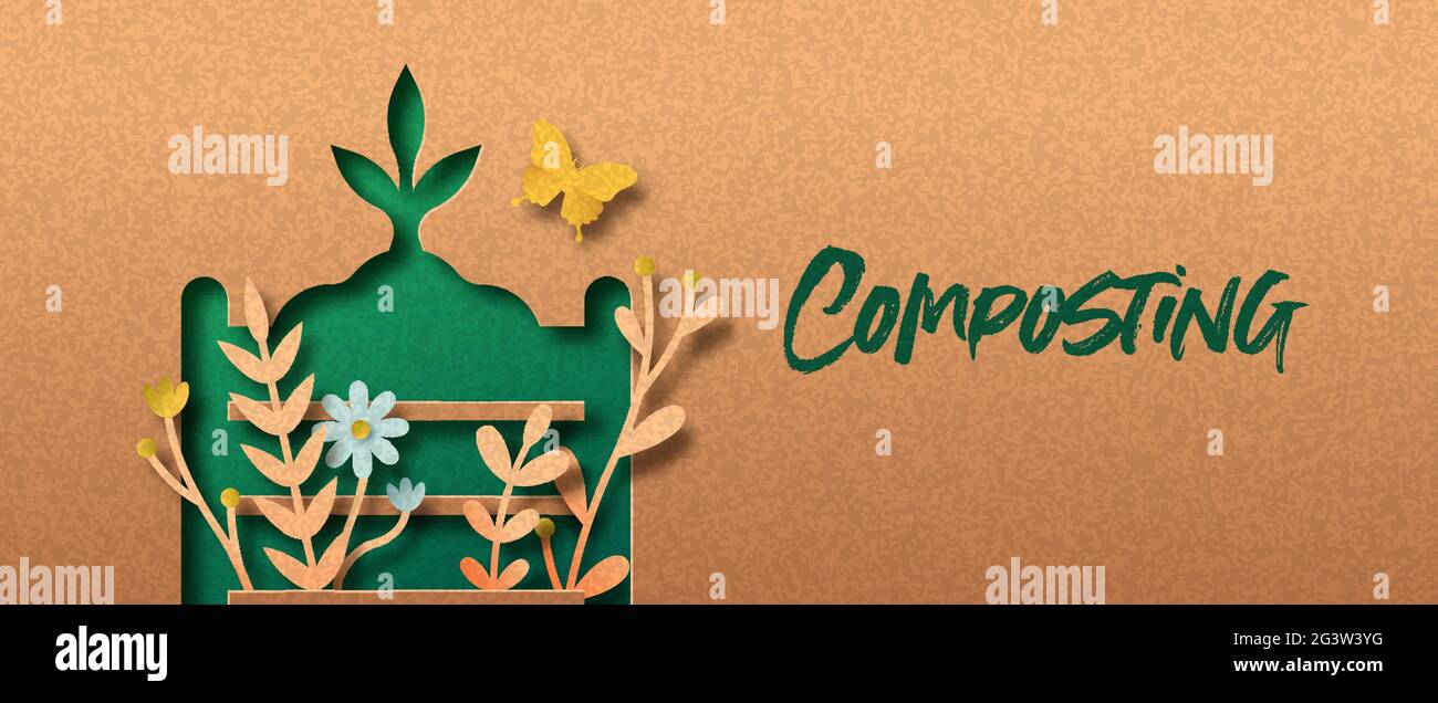 Kompostierung papercut Banner Illustration Konzept mit grünen Pflanzenblatt und Gartenblumen. 3D-Kompost-Düngemittel Ausschnitt Handwerk Design aus recyceltem Papier Stock Vektor