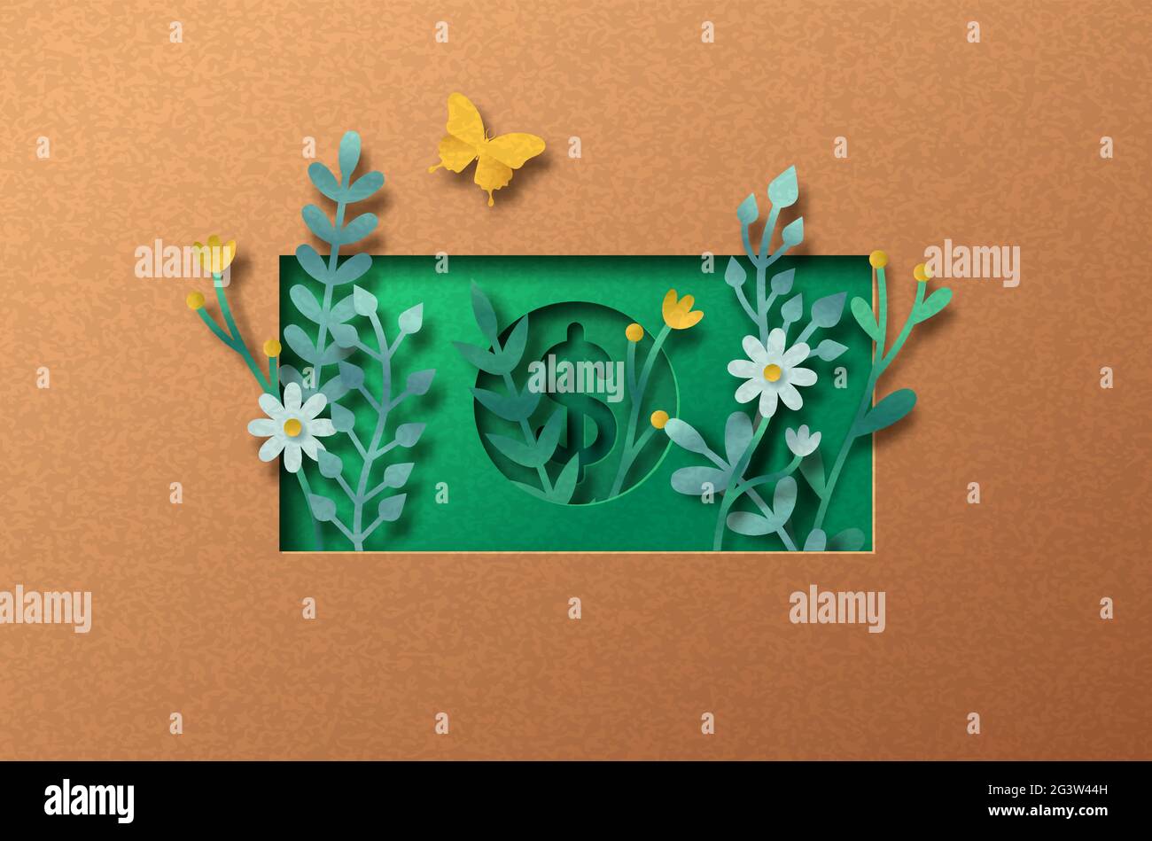 Nachhaltige Wirtschaft Papercut Illustration mit Pflanzenblatt und Blume in Dollar. Umweltfreundliches Geschäftssymbol, zirkuläres Finanzierungskonzept. 3D-Ausschnitt Stock Vektor