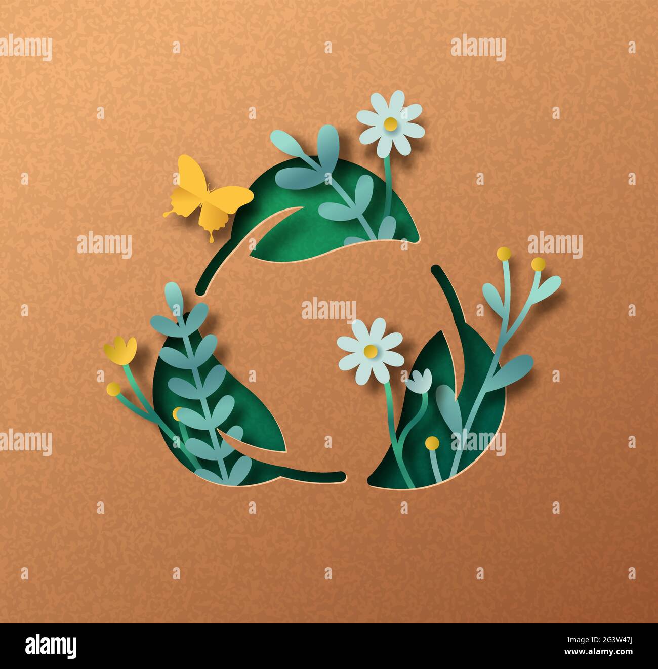 Biologisch abbaubare Blatt Zeichen papercut Illustration Konzept mit grünen Pflanzenblätter wächst im Inneren. 3D-Recycling Liebe Ausschnitt Handwerk Design aus recyceltem Papier Stock Vektor