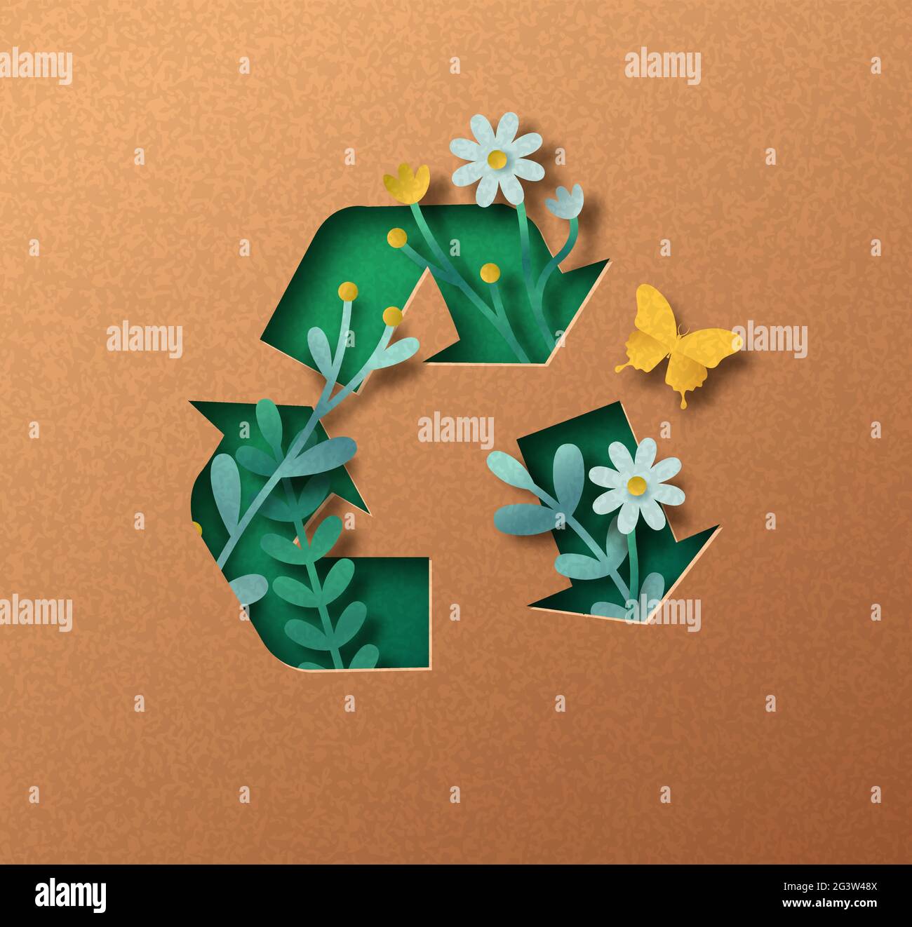 Downcycle papercut Illustration mit Pflanzenblatt und Schmetterling im Inneren recyceln Pfeil Zeichen. Umweltfreundliches Downcycling-Symbol, Null-Abfall-Konzept. 3D-Ausschnitt Stock Vektor