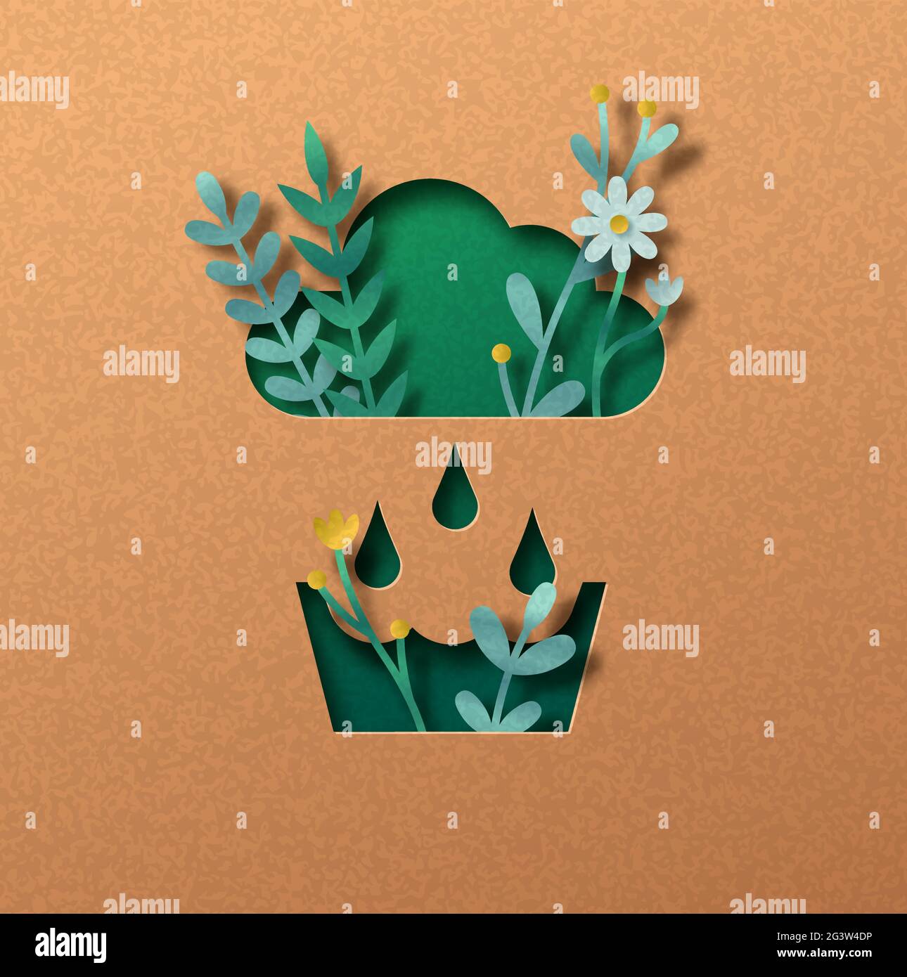 Regenwassernutzung papiergeschnittenes Illustrationskonzept mit grünen Pflanzenblättern, die in der Wolke wachsen. 3D Regenwasser Recycling Ausschnitt Handwerk Design in recycl Stock Vektor