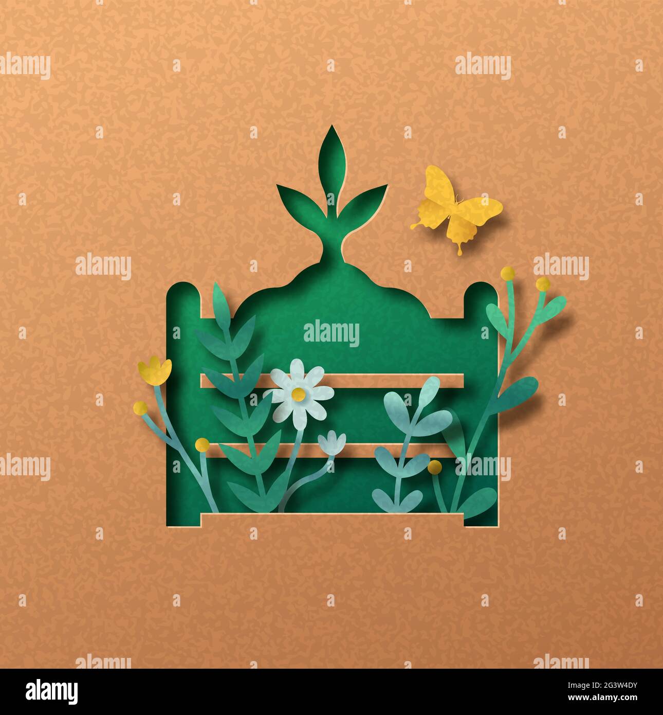 Kompostierung papercut Illustration Konzept mit grünen Pflanzenblatt und Gartenblumen. 3D-Kompost-Düngemittel Ausschnitt Handwerk Design aus recyceltem Papier Backgro Stock Vektor
