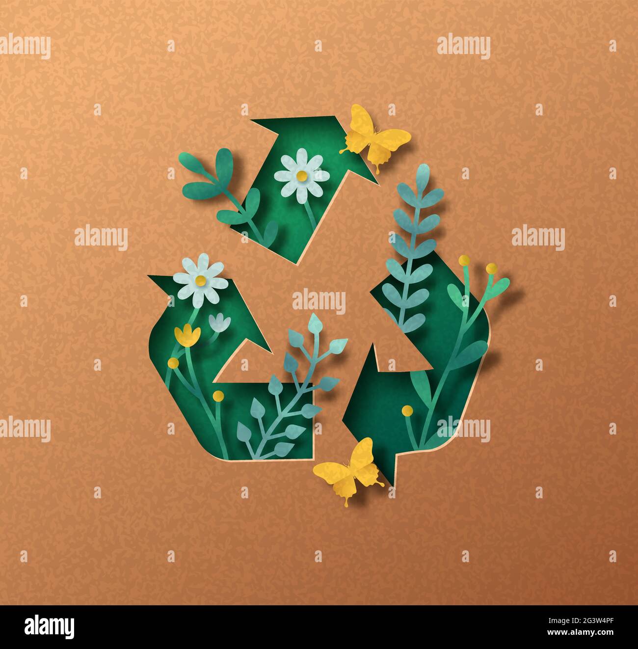 Upcycle papercut Illustration mit Pflanzenblatt und Schmetterling im Inneren recyceln Pfeil Zeichen. Umweltfreundliches Upcycling-Symbol, Null-Abfall-Konzept. 3D-Ausschnitt in Stock Vektor