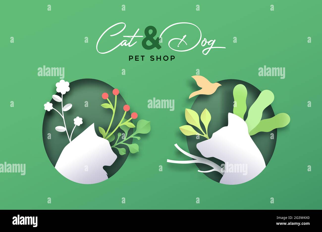 Katze und Hund PET Shop Papier geschnitten Banner Illustration von 3d-Papierschnitt Handwerk Tiere mit grünen Pflanzen Dekoration. Umweltfreundliche Haustiere Nahrung oder Tierarzt Stock Vektor