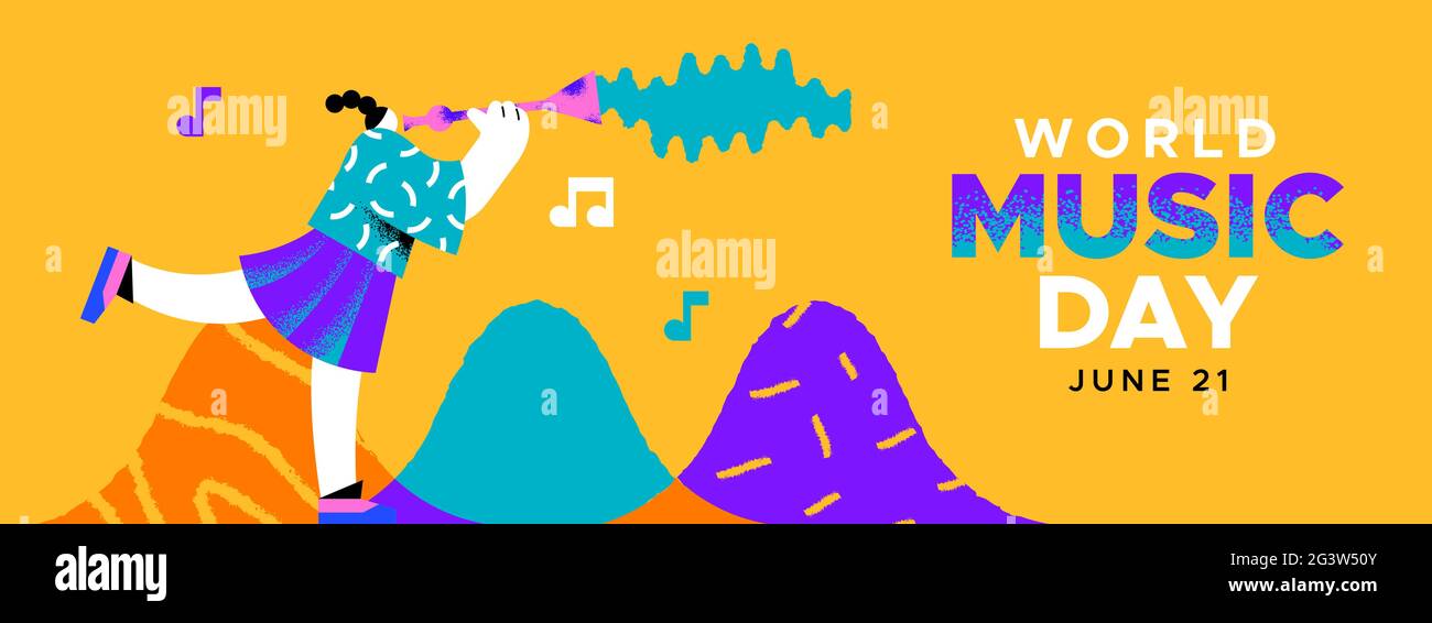 World Music Tag Event Banner Illustration von Mädchen Musiker Charakter spielen Klarinette mit kreativen musikalischen Dekoration Formen. Juni 21 Feiertagsfeier Stock Vektor