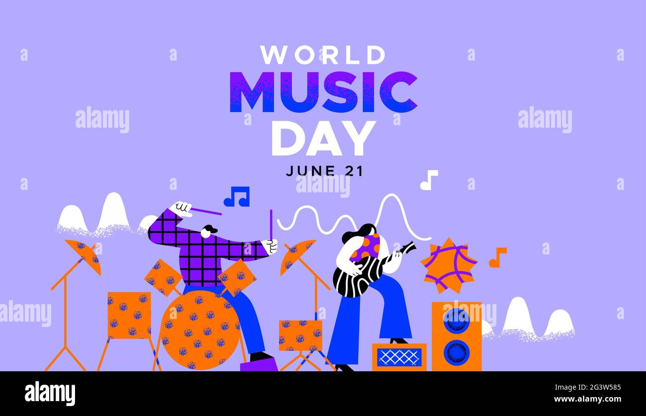 Grußkarte zum Weltmusiktag – Illustration von Musikern, die Gitarre und Schlagzeug spielen, mit kreativen, farbenfrohen Klangformen. Trendiges Musical Stock Vektor