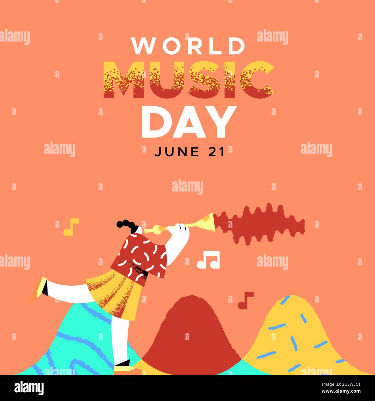 World Music Tag Event Banner Illustration von Mädchen Musiker Charakter spielen Klarinette mit kreativen musikalischen Dekoration Formen. Juni 21 Feiertagsfeier Stock Vektor