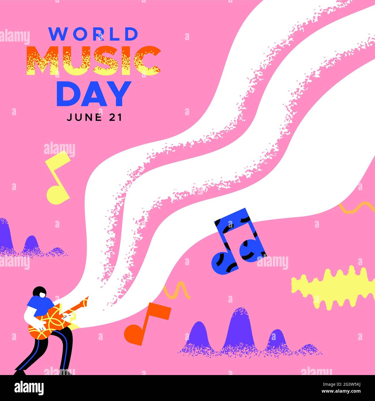 World Music Day Web-Vorlage Illustration des Mannes Musiker spielen E-Gitarre mit kreativen Sound-Formen und kopieren Raum.. Trendige musikalische Ferien e Stock Vektor