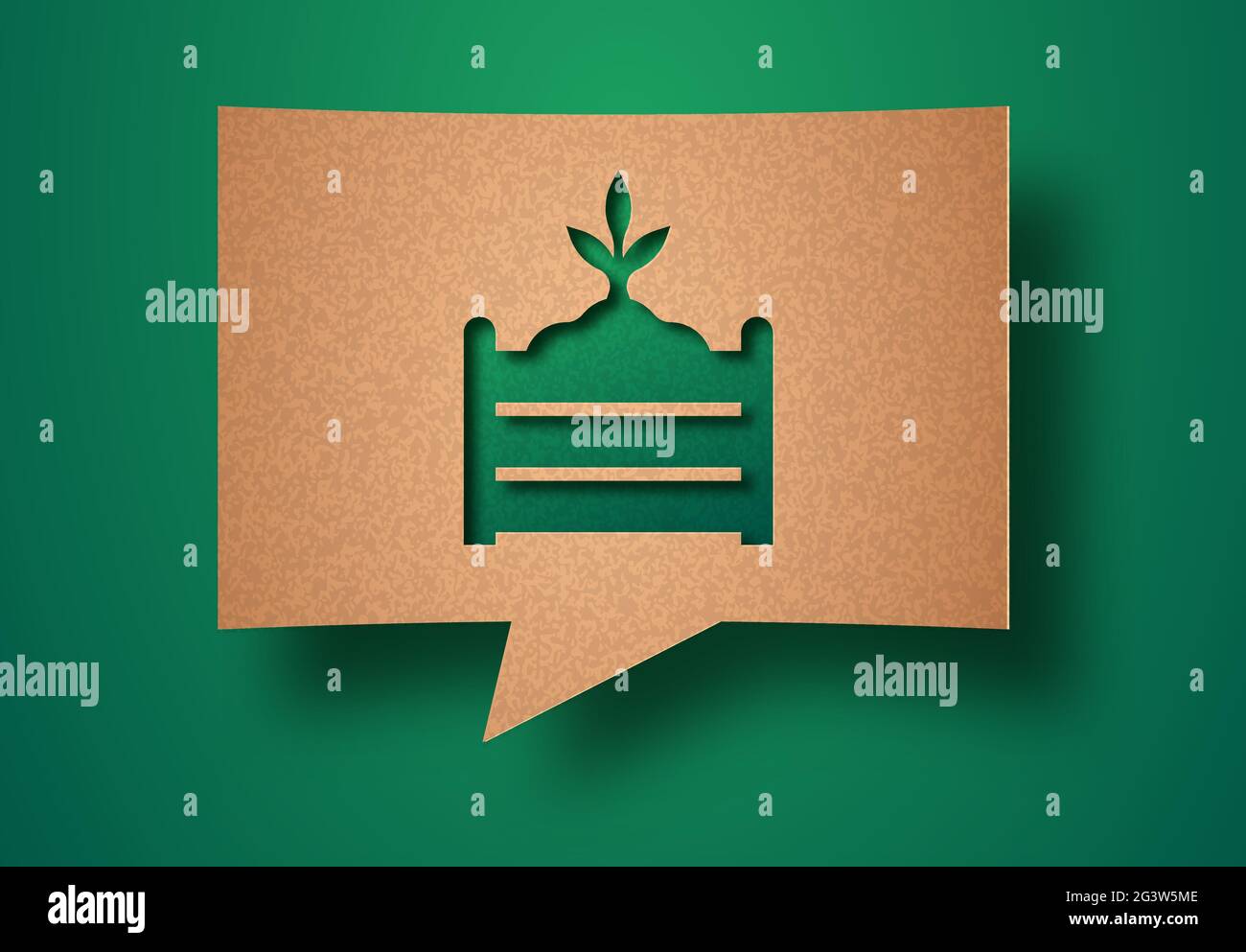 Kompostierung papercut Illustration Konzept mit grünen Pflanzenblatt und Gartenblumen. 3D-Kompost-Düngemittel Ausschnitt Handwerk Design aus recyceltem Papier Chat BU Stock Vektor