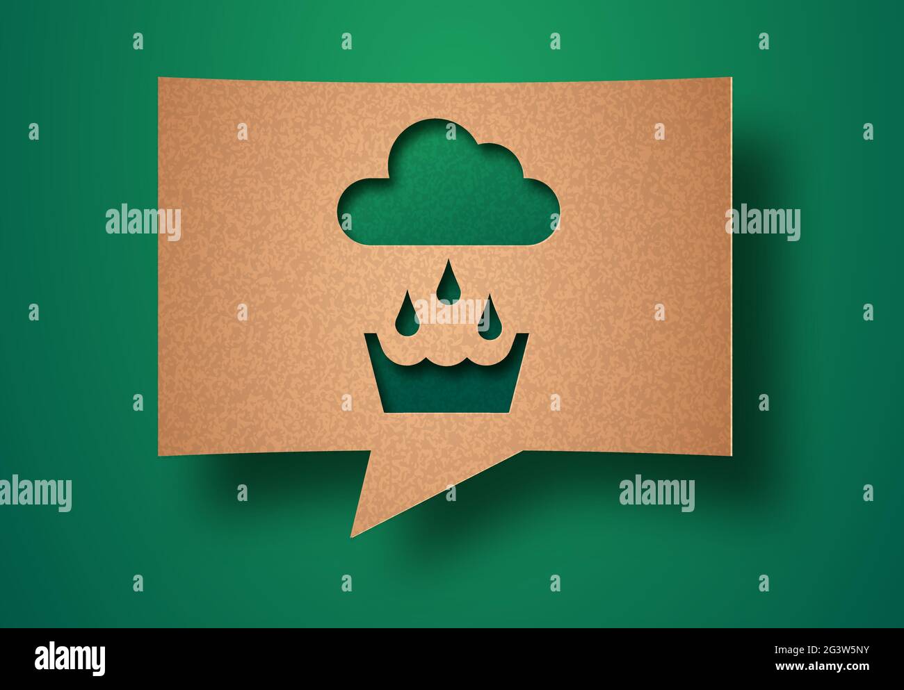 Regenwassernutzung papiergeschnittenes Illustrationskonzept mit grünen Pflanzenblättern, die in der Wolke wachsen. 3D Regenwasser Recycling Ausschnitt Handwerk Design in recycl Stock Vektor