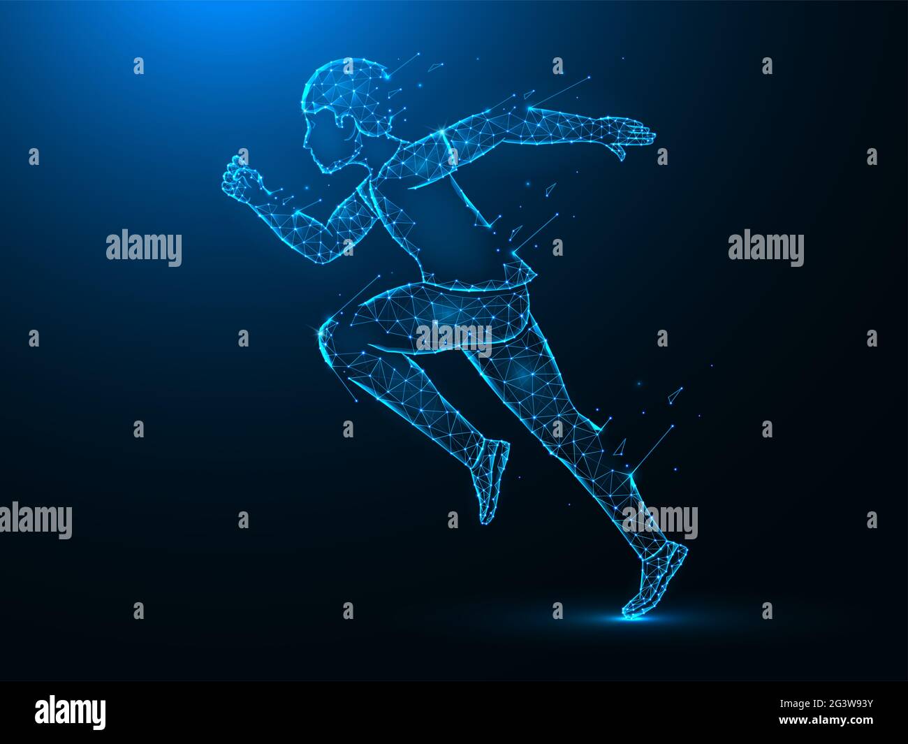 Running man mit Zerstörung Effekt Low Poly Art. Übung oder Marathon laufen polygonale Vektor-Illustrationen auf einem blauen Hintergrund. Stockfoto
