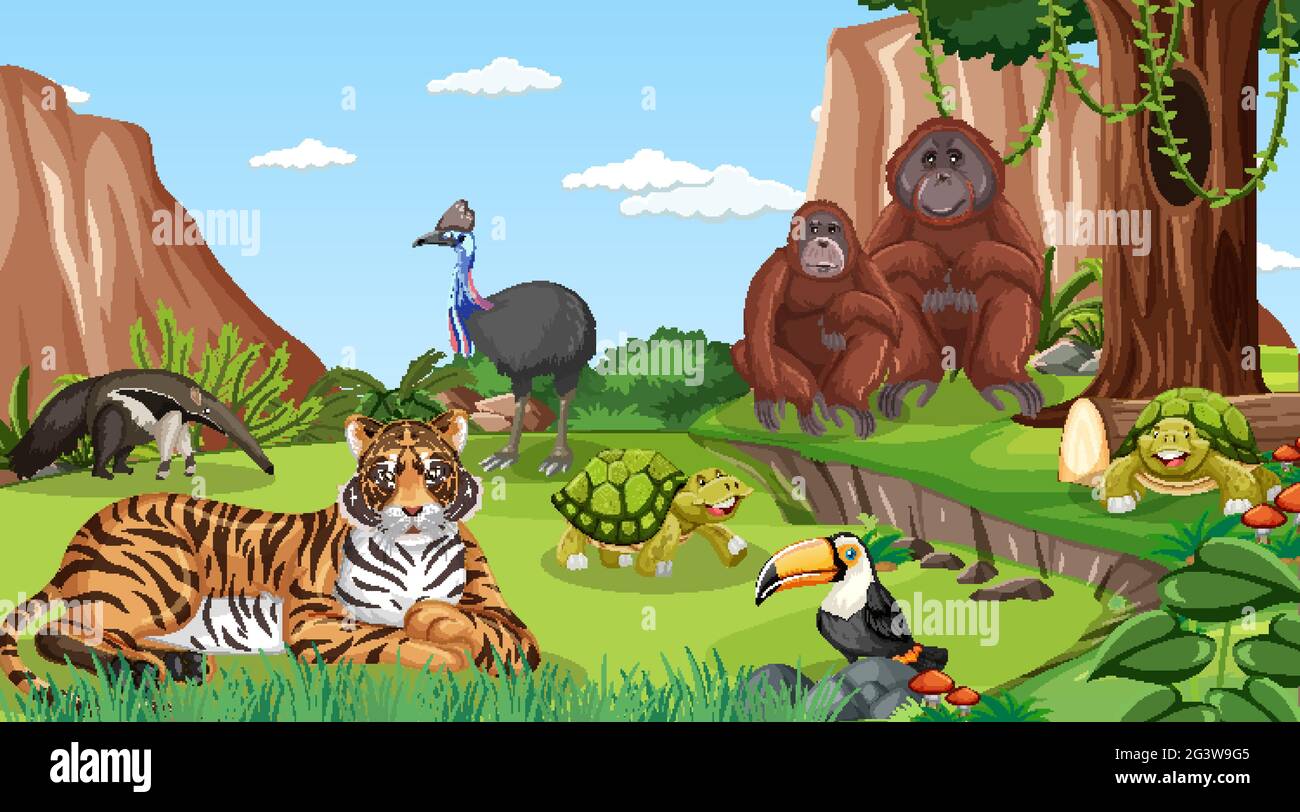 Ein Tiger mit Other wilden Tieren in Wald Szene Illustration Stock Vektor