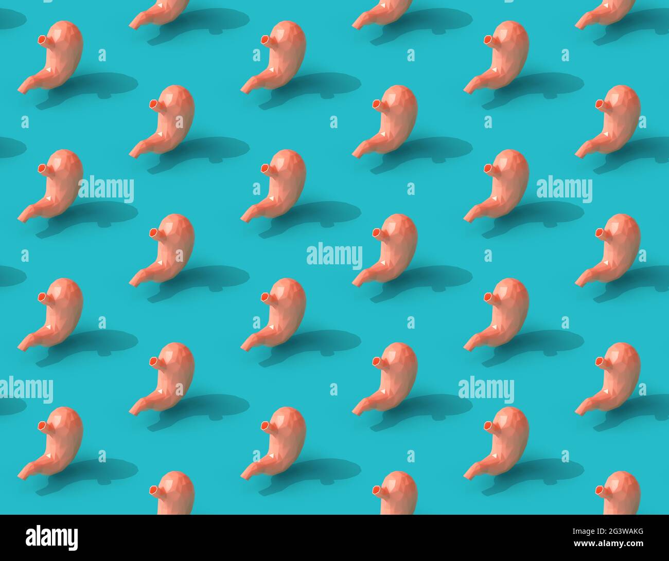 3d-Illustration von nahtlosen trendigen isometrischen Objekten Muster aus low-poly menschlichen Organ Magen. 3d-Illustration von facettierten Mägen auf türkisfarbenem Hintergrund Stockfoto
