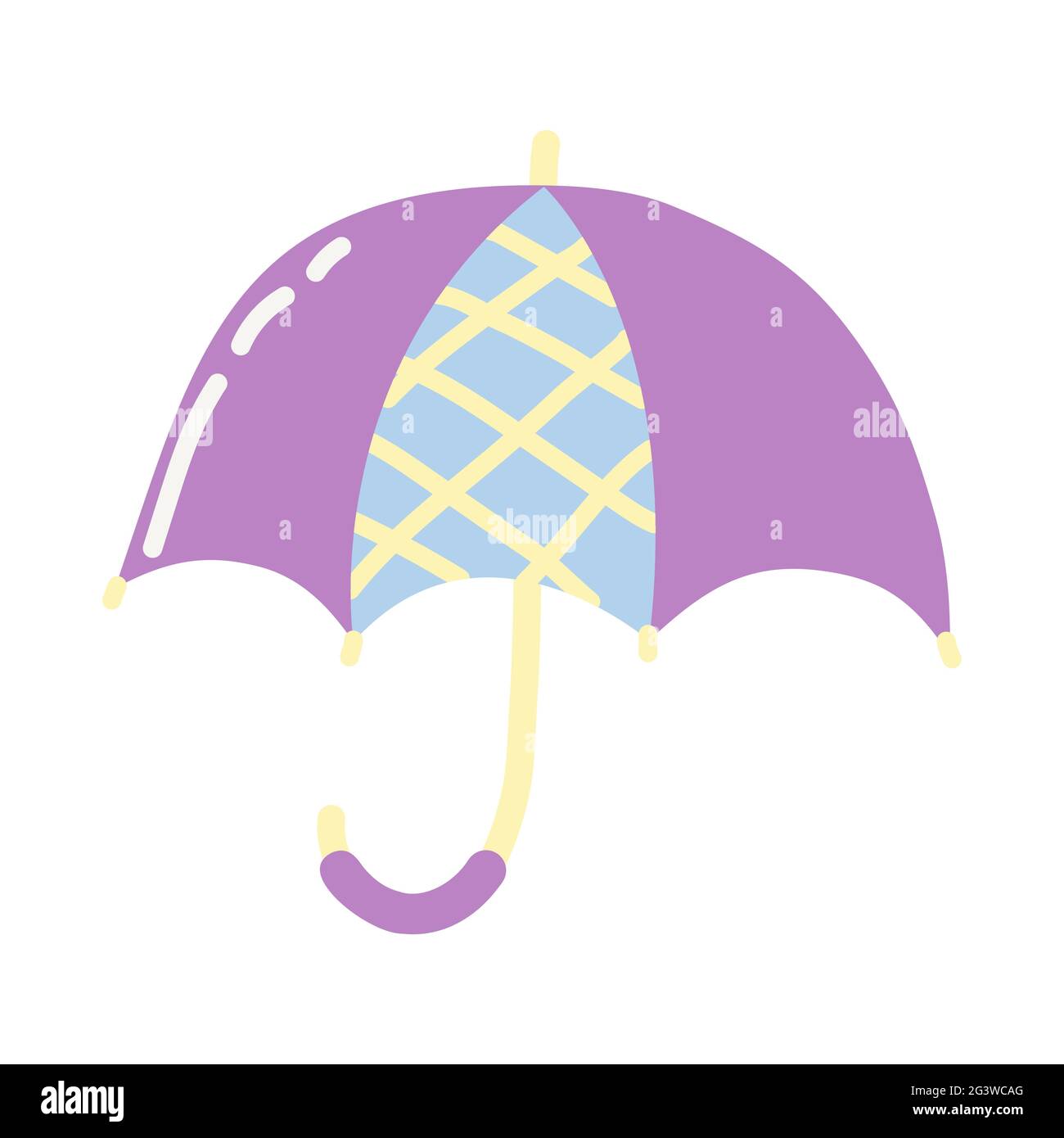 Lila Regenschirm Cartoon-Stil auf weißem Hintergrund. Flaches Design.Doodle mit buntem Schirm. Sommerlicher Style. Symbol im Cartoon-Stil. Regensymbol. Stock Vektor
