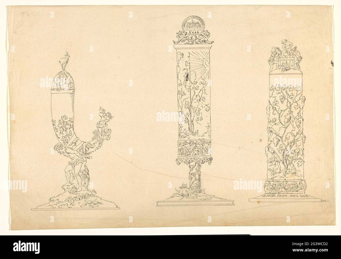 Trinkhorn mit einem Stamm in der Form eines tragenden bacchus, einem zylindrischen Deckel mit einer sonnendurchfluteten Landschaft und einem zylindrischen Deckelbecher mit Jungen, die in Weinbäumen klettern. . Stockfoto