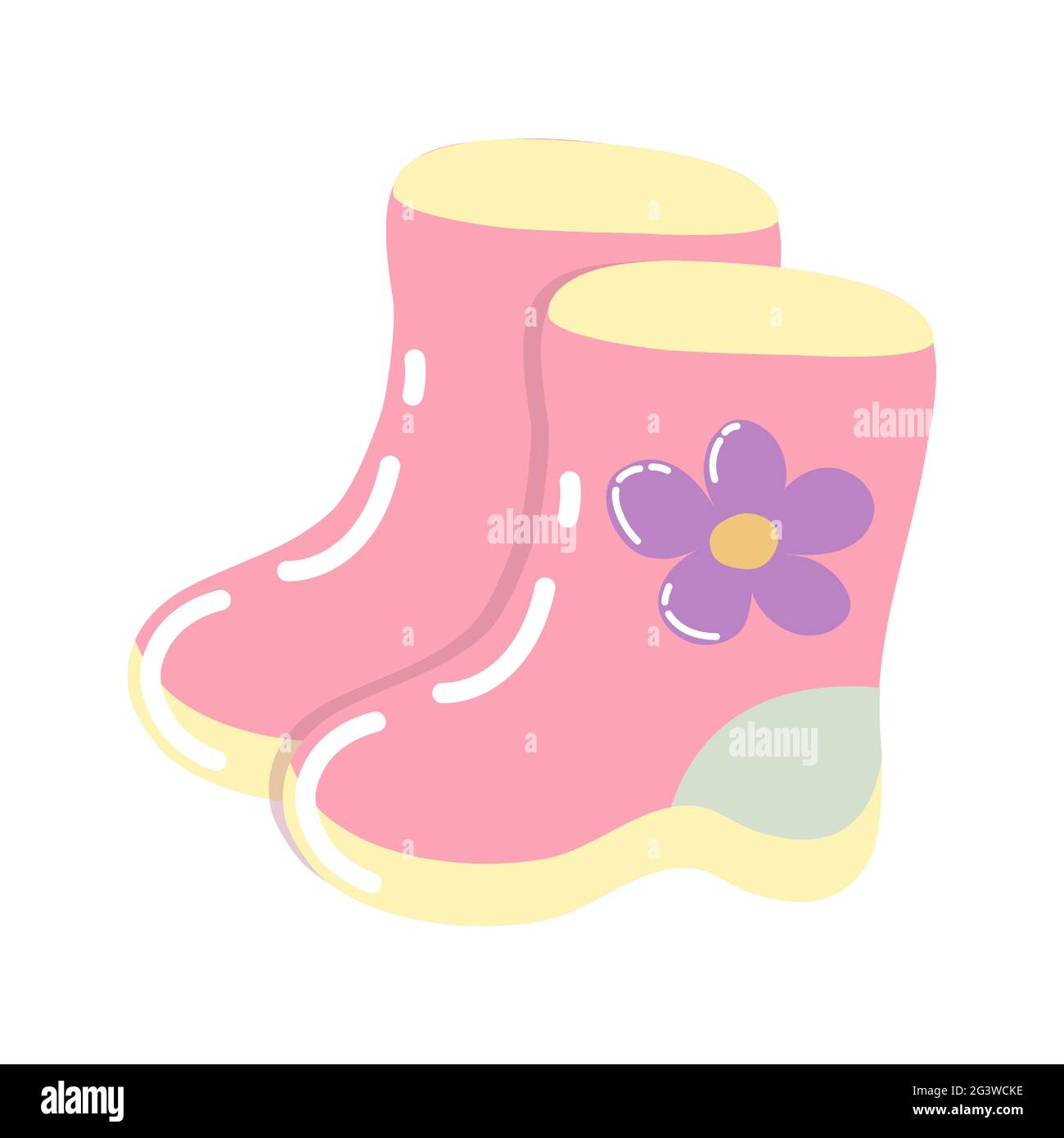 Pinke Kinder Gummistiefel mit einer gelben Sohle und einer lila Blume an der Seite. Paar Stiefel im Cartoon-Stil isoliert auf weißem Hintergrund. Kinder Stock Vektor