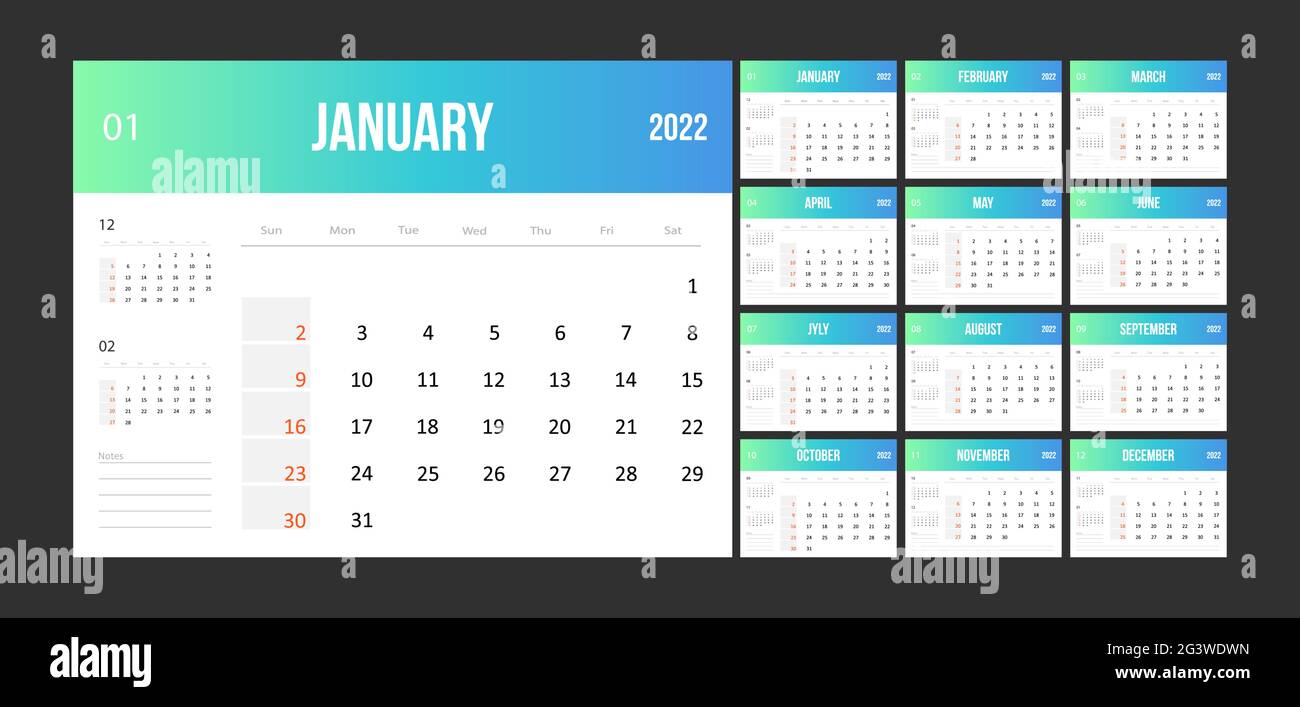 2022 Kalendervorlage. Farbenfroher Business-Planer im minimalistischen Stil. Die Woche beginnt ab Sonntag. Flache Vektorgrafik Stock Vektor