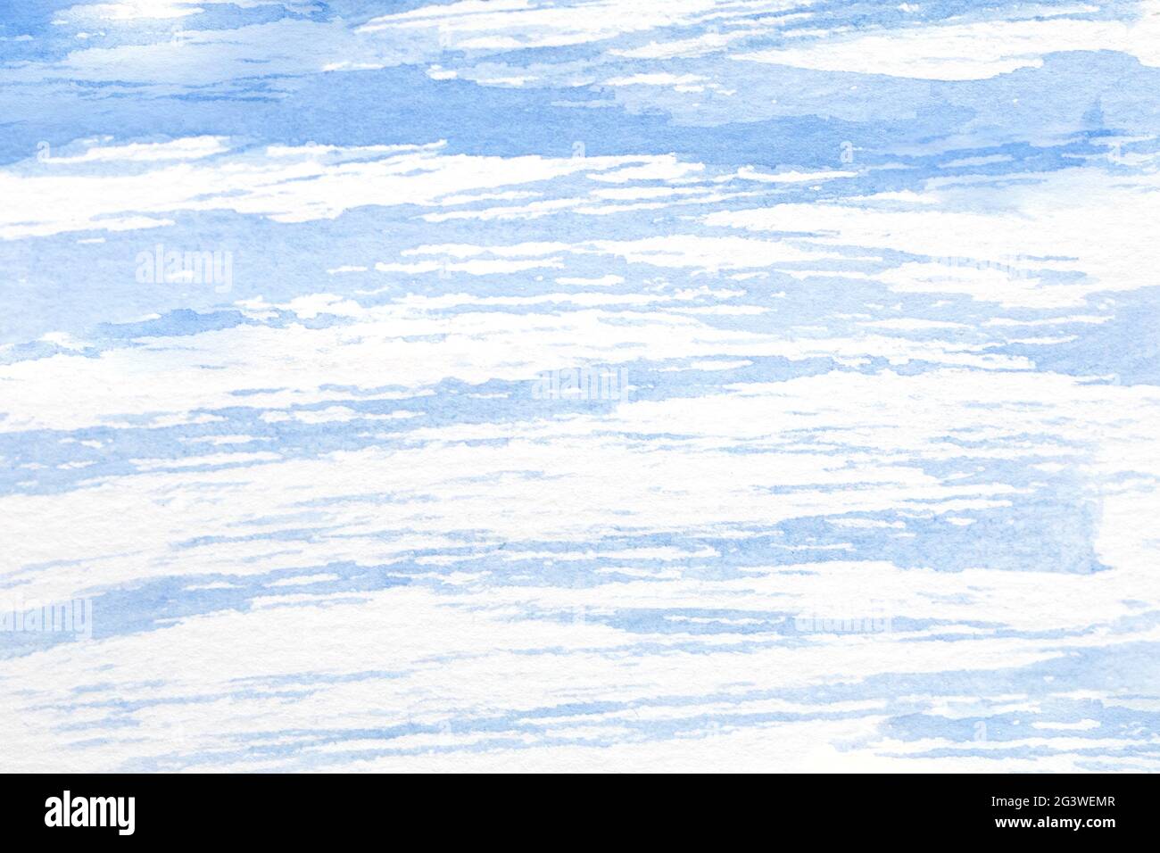 Zarte Aquarelldarstellung von Blau mit Cirrocumulus undulatus Himmel. Detaillierte Zeichnung des bewölkten Himmels oder dekoratives Veredelungsmaterial in hellem blu Stockfoto