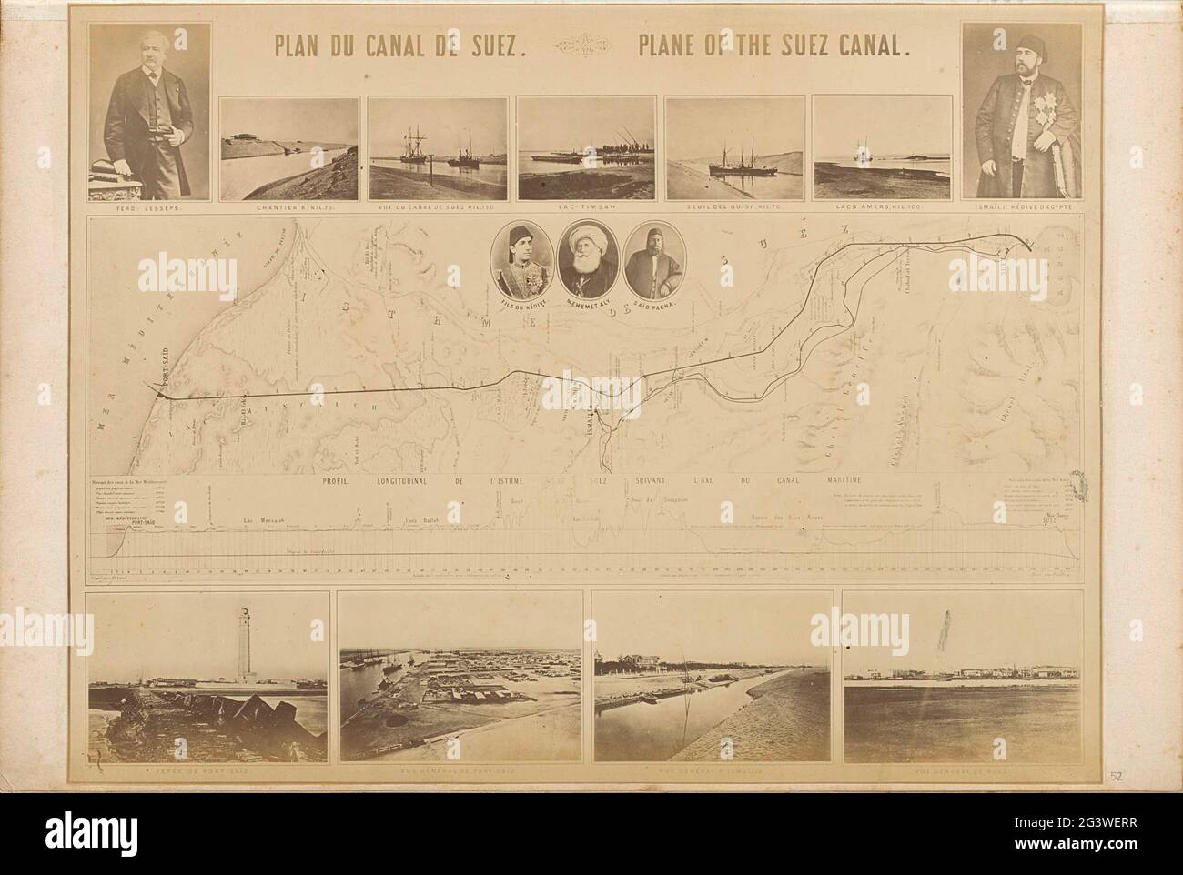 Fotoproduktion einer Karte mit dem Bereich des Suezkanals, Fotos der Orte Ergangs und Van Ismael Pasha und Ferdinand De Lesseps. Teil des Fotoalbums von Robert Daniel Crommelin (1841-1907). Stockfoto