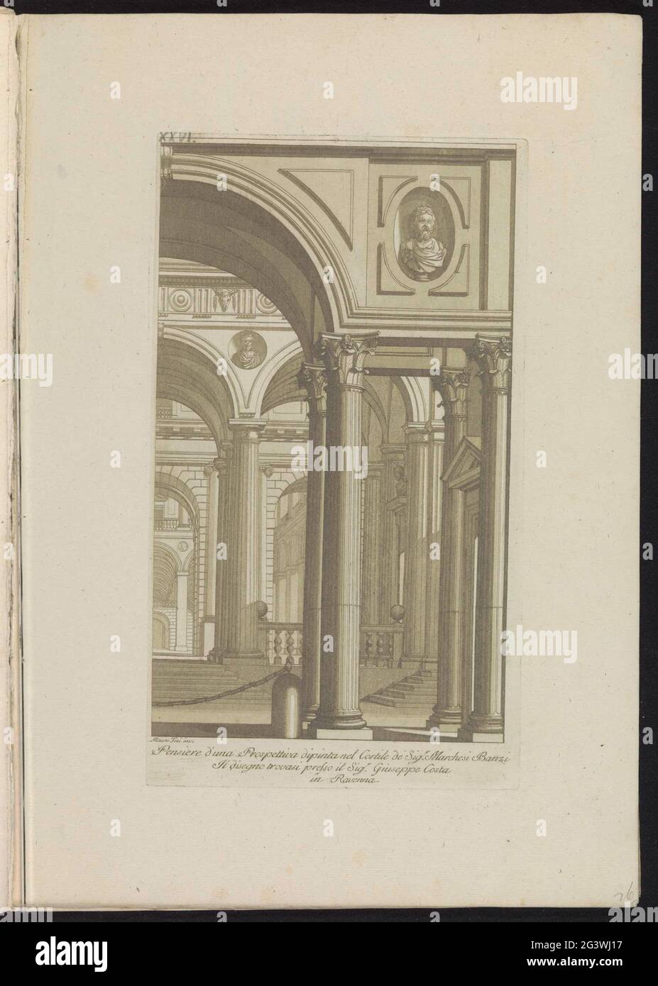 Kircheninterieur mit einem Bildnis oben rechts einer Münzstätte in einem ovalen Medaillon; Raccolta di Dissegni Originali di Mauro Tesi. Print ist Teil eines Albums. Stockfoto