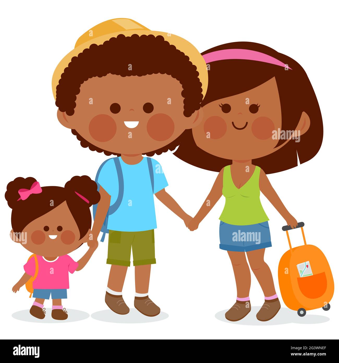 Junge afroamerikanische Familie. Touristen-Paar mit einem kleinen Kind, mit Reisetaschen. Stockfoto