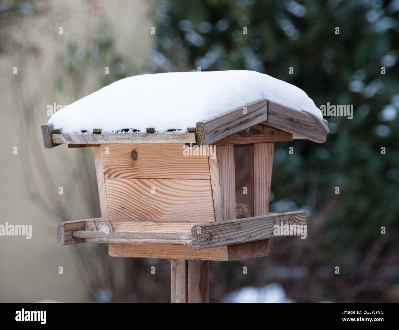 Vogelfutterhäuschen in einem Garten mit Schnee auf seinem Dach Stockfoto