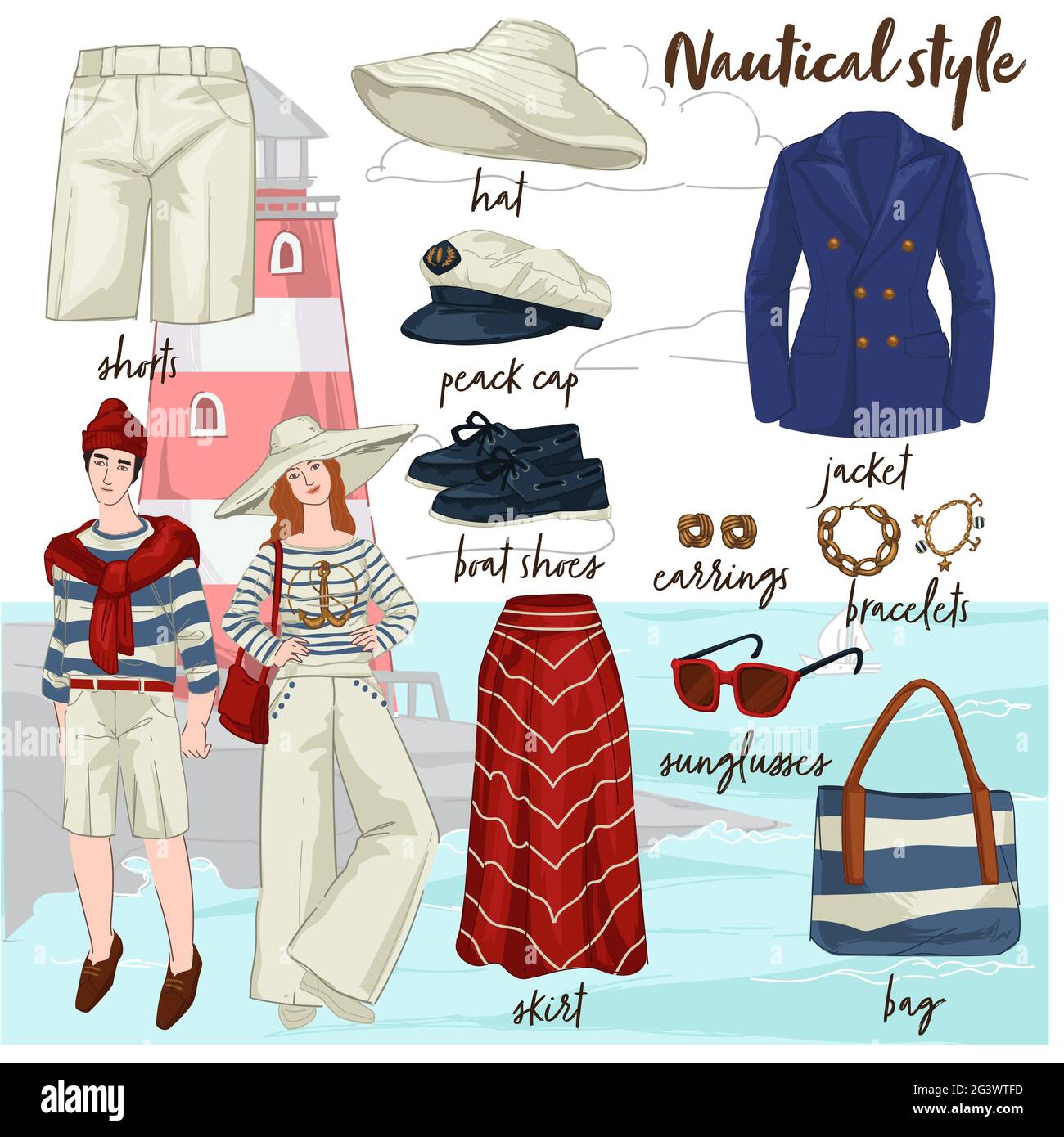 Nautische Kleidung und Mode für Männer Frauen Stock-Vektorgrafik - Alamy