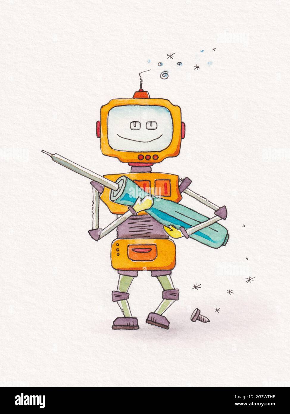 Tin bot Roboter mit einem Schraubendreher Stockfoto