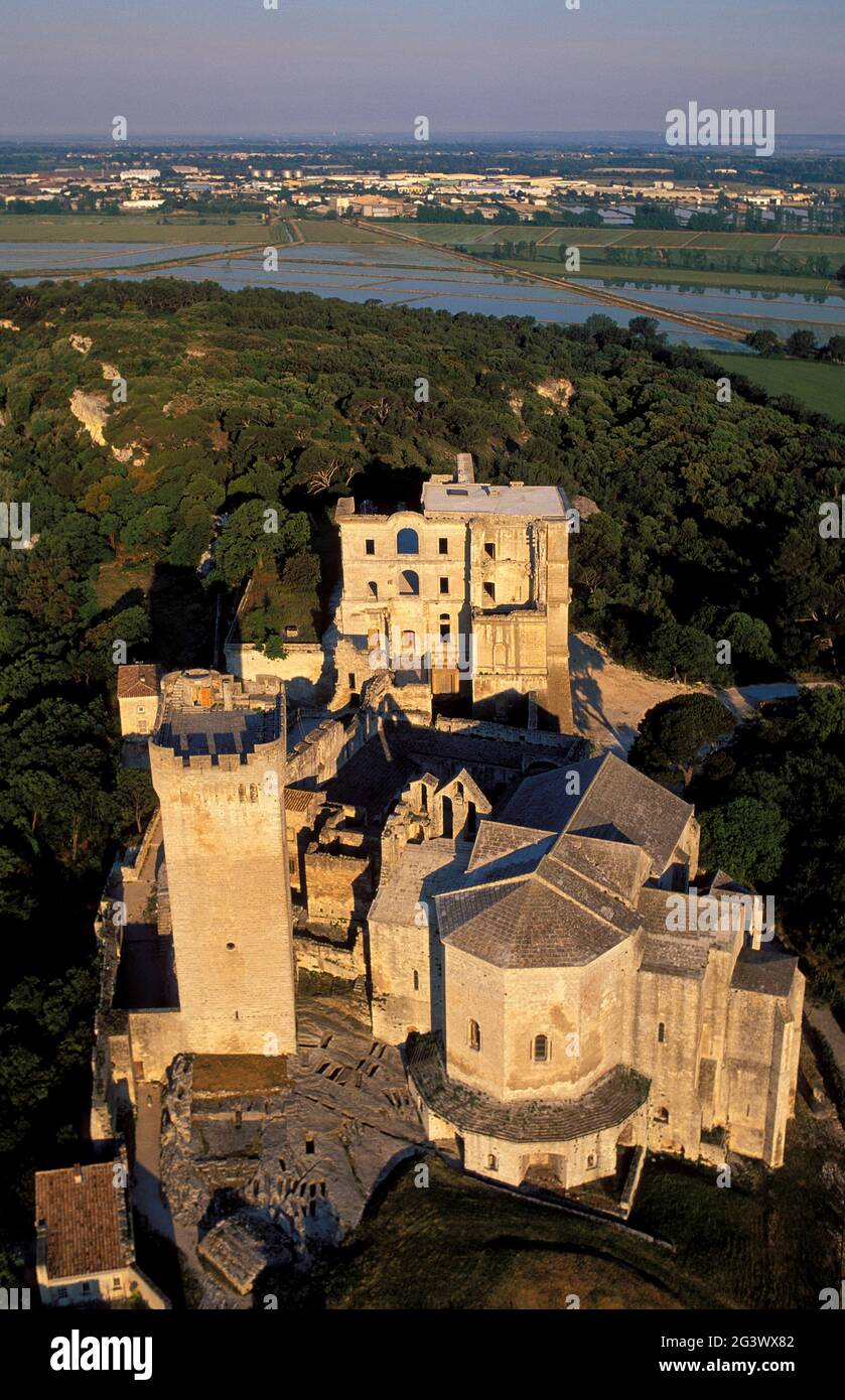 FRANKREICH. BOUCHES-DU-RHONE (13) BEI ARLES. LUFTAUFNAHME DER BENEDIKTINERABTEI VON MONTMAJOUR, DIE ALS HISTORISCHES MONUMENT GELISTET IST. ZWEI MONASTISCHE SETS VON GOTH Stockfoto