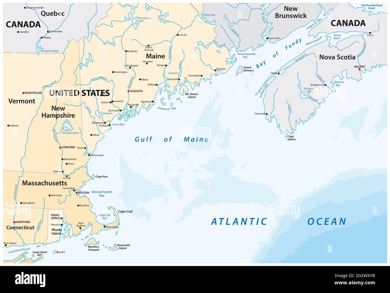 Vektorkarte des nordamerikanischen Grenzmeeres, Golf von Maine, Kanada, USA Stockfoto