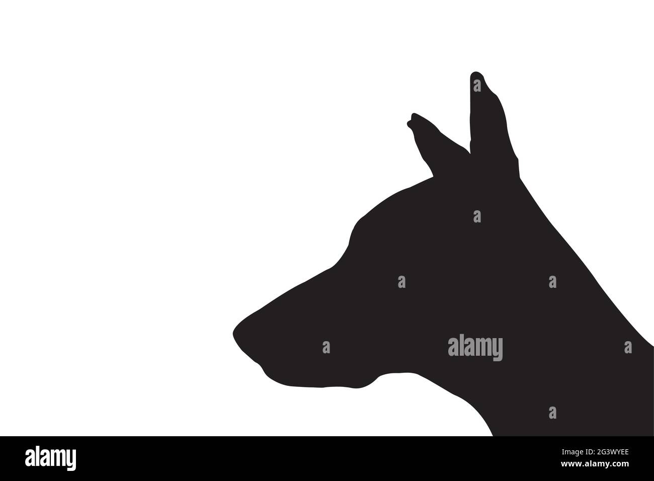 Silhouette eines Dobermannwelpen auf weißem Hintergrund. Hundekopf mit nach oben ragenden Ohren. Seitenansicht. Stock Vektor