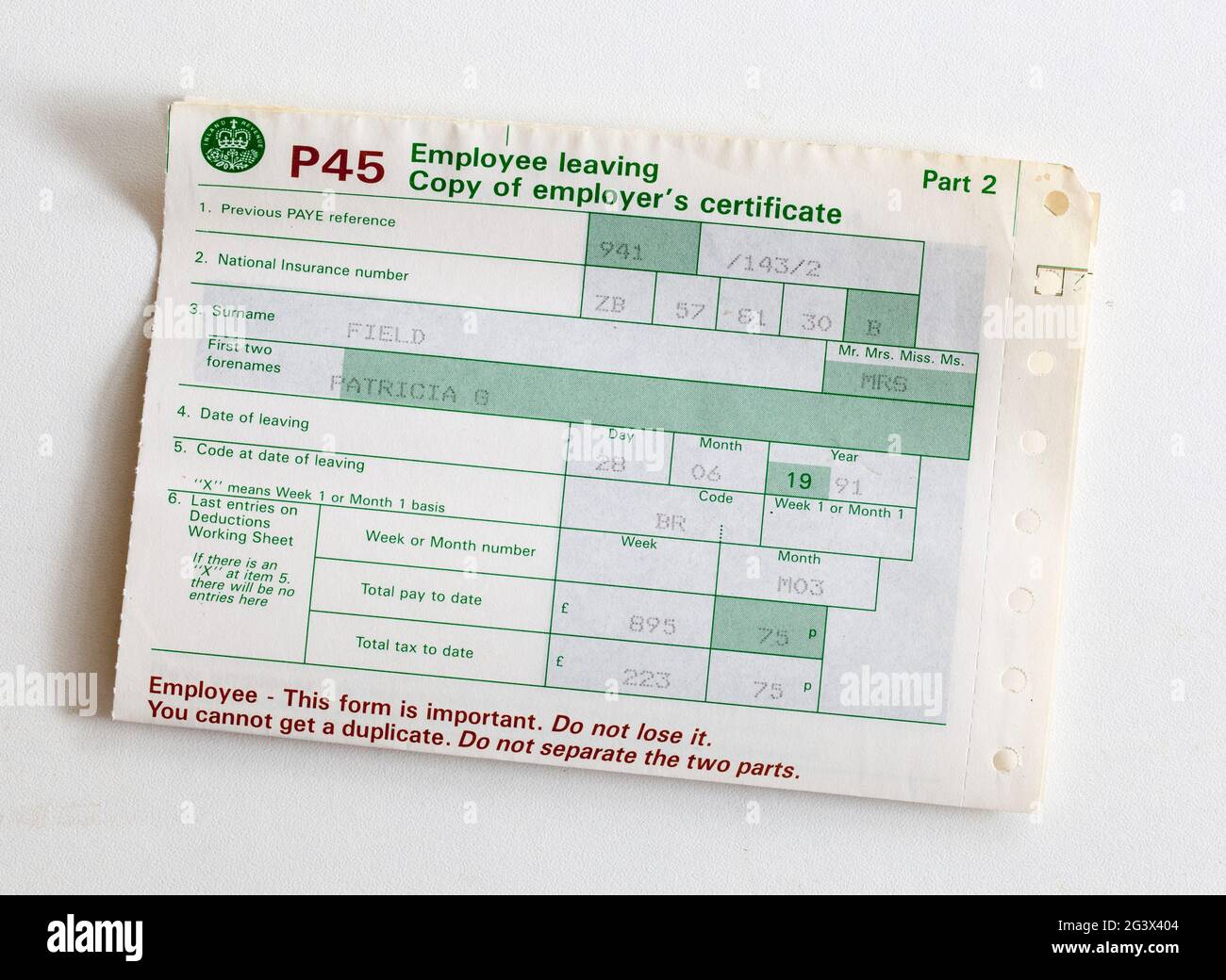 Vinatge 1990er Jahre P45 Beschäftigungsausscheidungs-Zertifikat Stockfoto