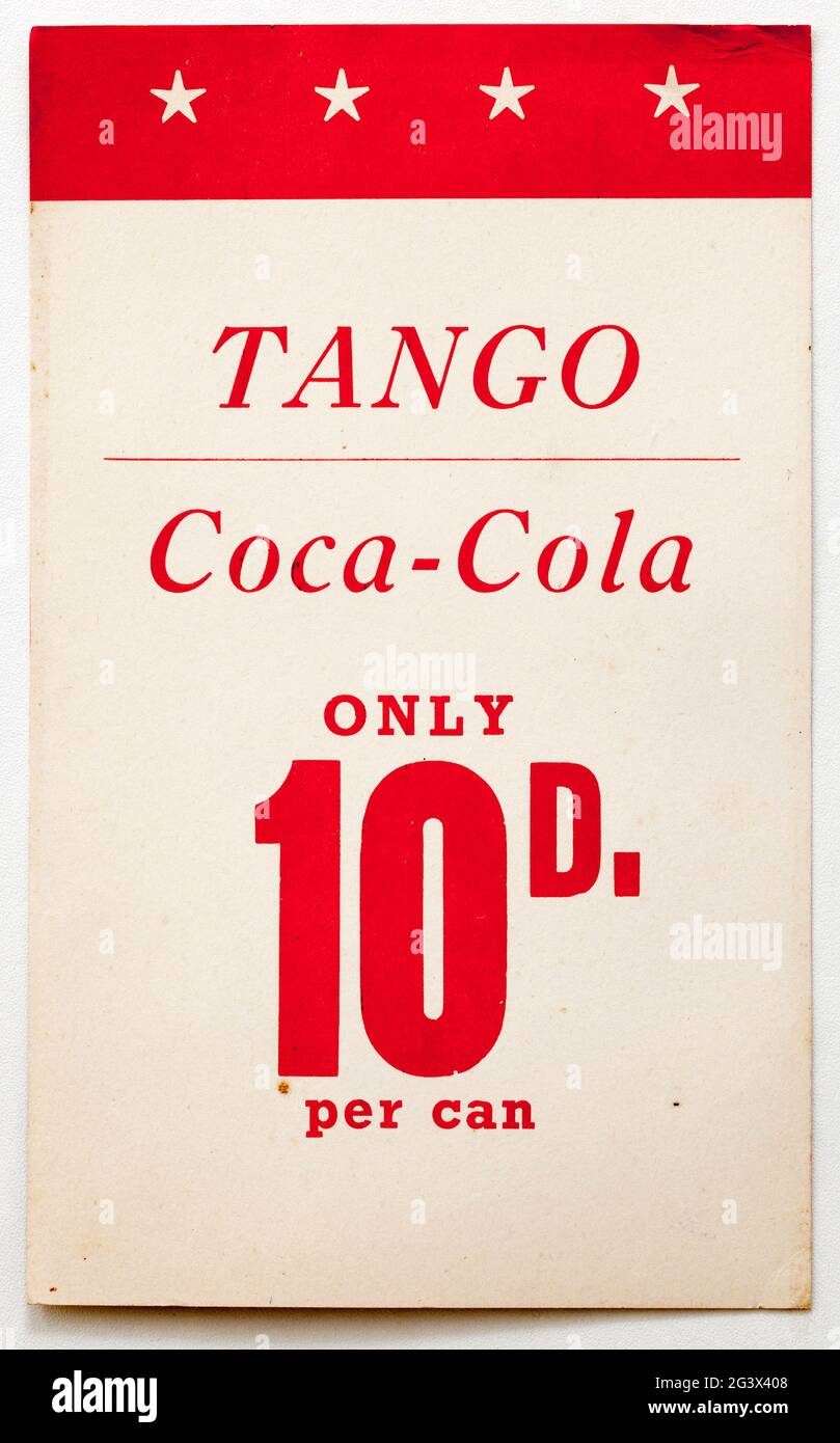Vinatge 60s Shop Werbung Preis Display Card - Tango Coca Cola Stockfoto