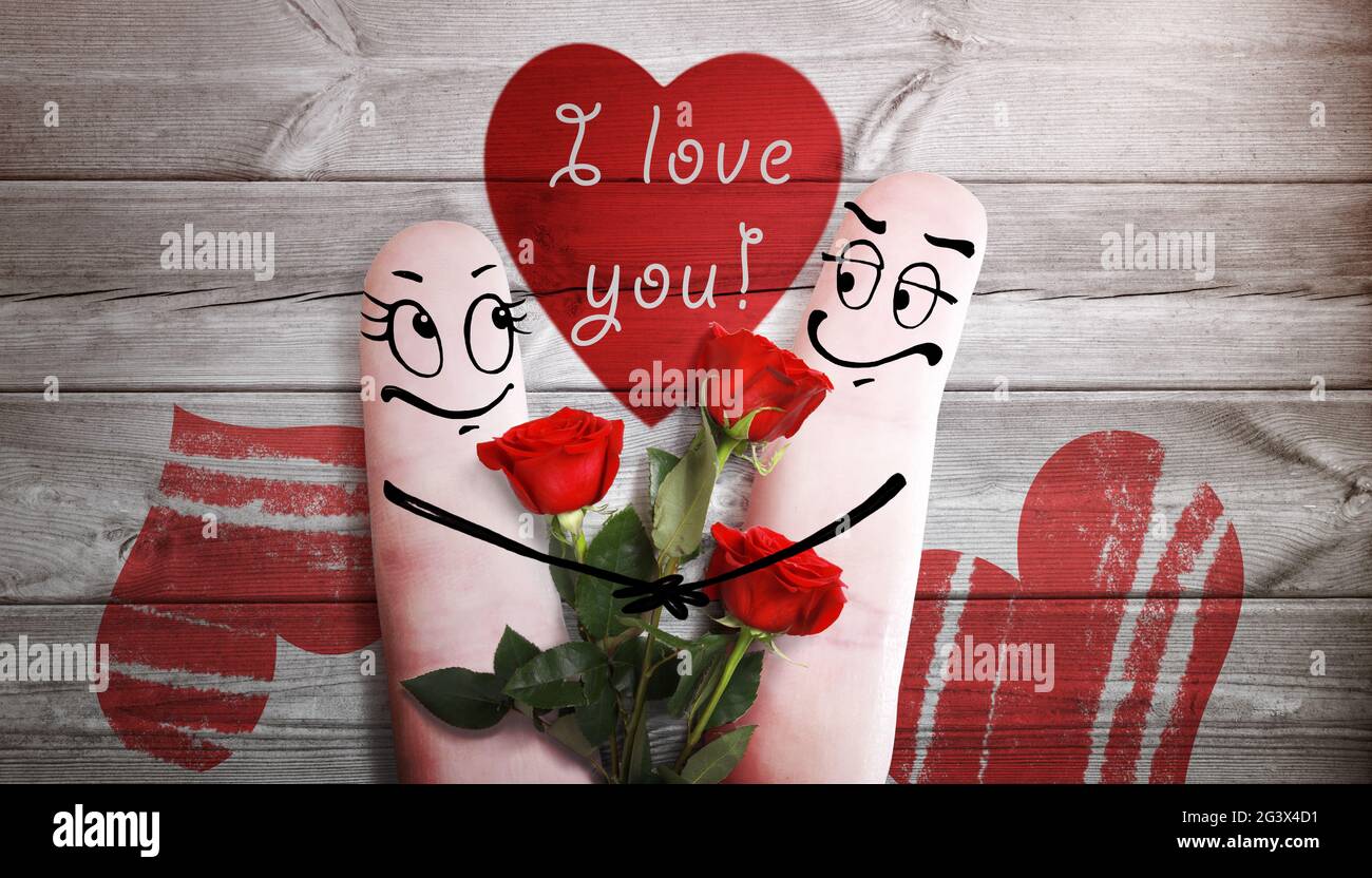 Glückliches Fingerpaar verliebt in rote Rose. 3d-Illustration. Stockfoto