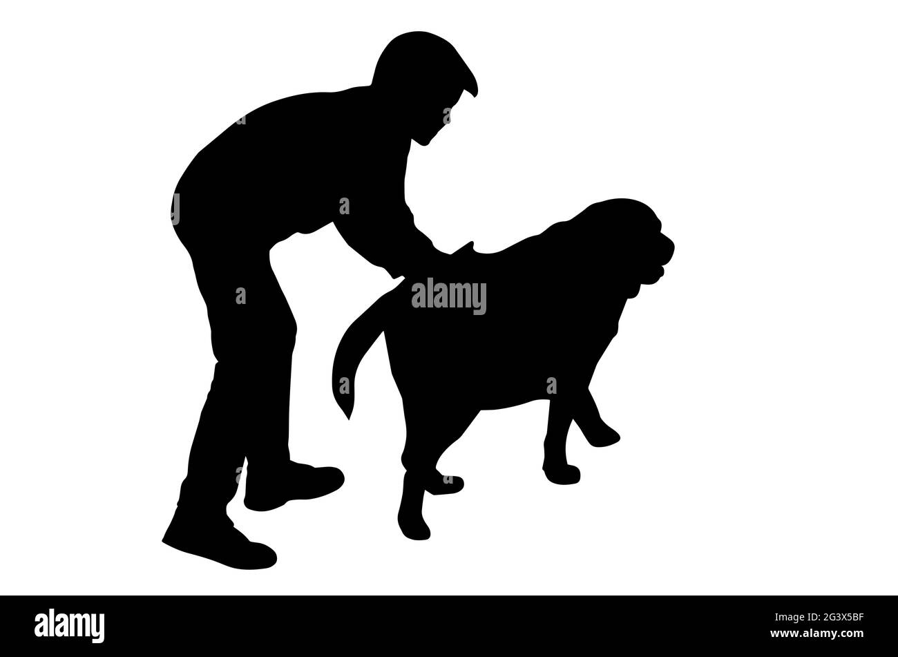 Schwarze Silhouette eines Jungen und eines Labrador-Hundes auf weißem Hintergrund. Der achtjährige Junge streichelte sein Haustier auf dem Rücken. Aktiver Lebensstil. Liebe zum Tier Stock Vektor