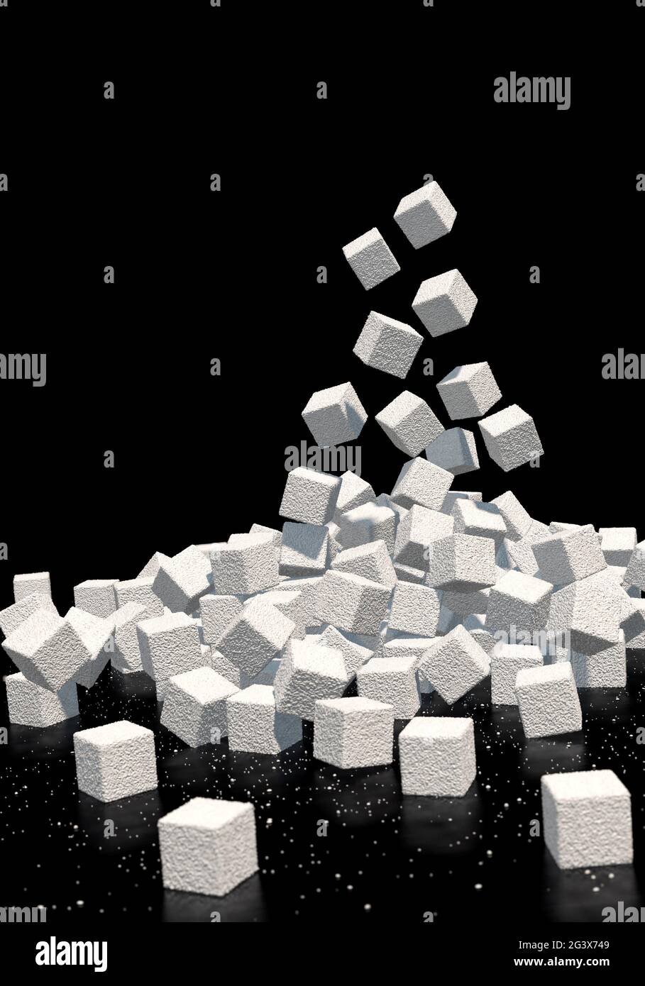 Der Zuckerwürfel fällt vor schwarzem Hintergrund, vertikales Format Stockfoto