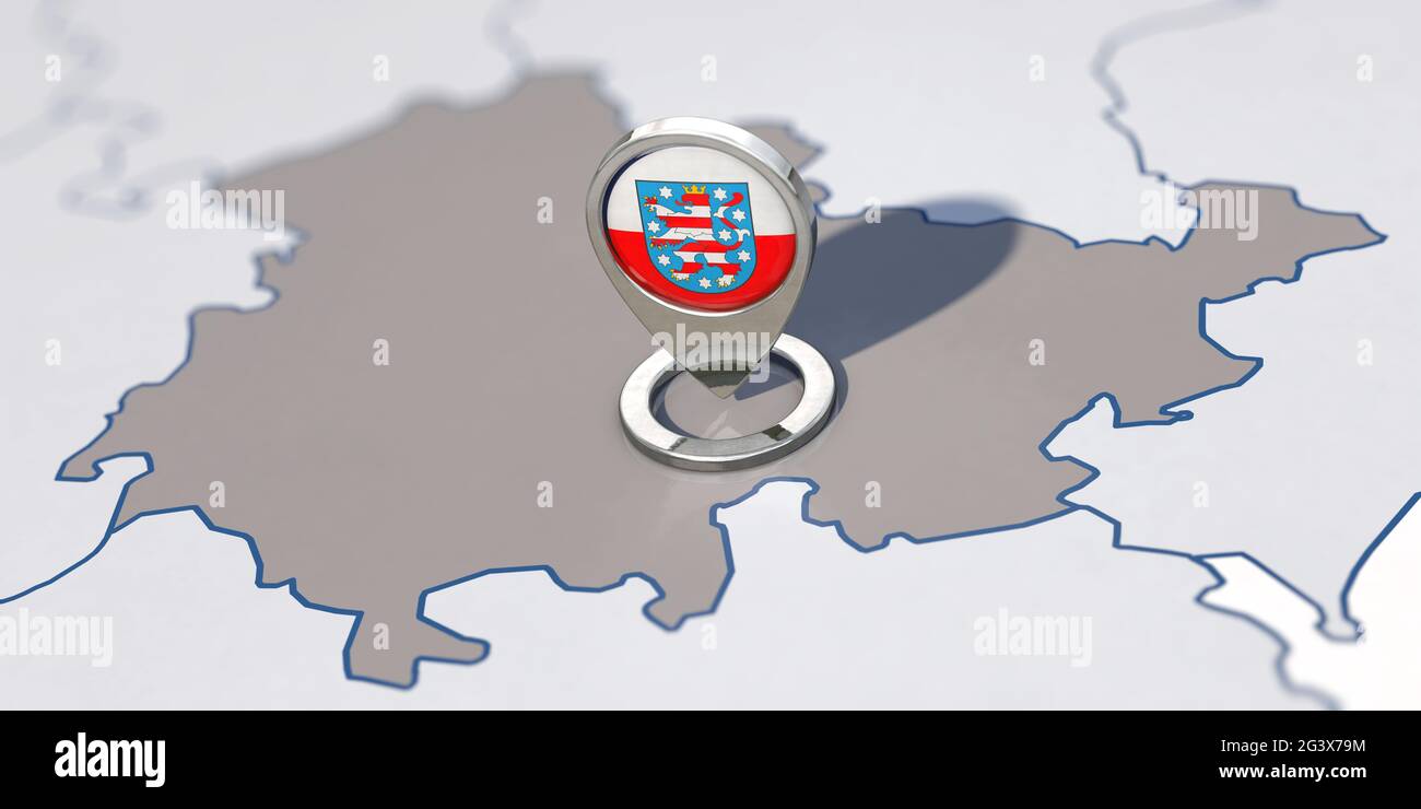 Bundesland Thüringen und Navigationsnadel mit Thüringer Flagge Stockfoto
