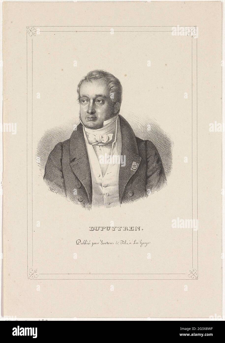 Porträt von Guillaume Dupuytren. Das Porträt trägt eine strikte Krawatte und einen hohen Kragen. Er trägt eine Auszeichnung auf dem Revers seiner Jacke. Sein Name unter dem Porträt. Stockfoto