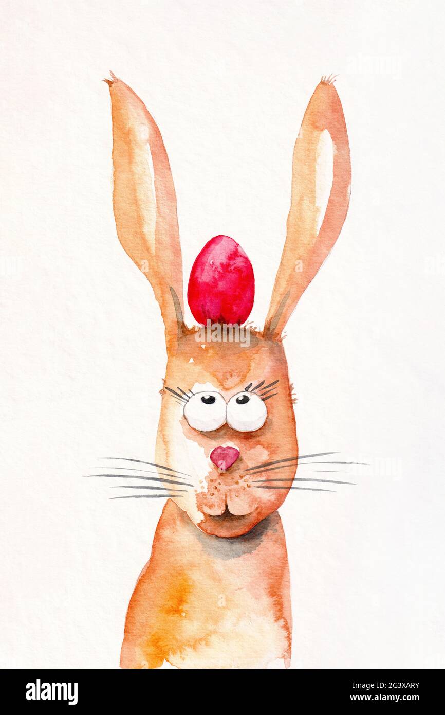 Osterkaninchen mit einem roten Ei zwischen den Ohren Aquarellfarbe Stockfoto