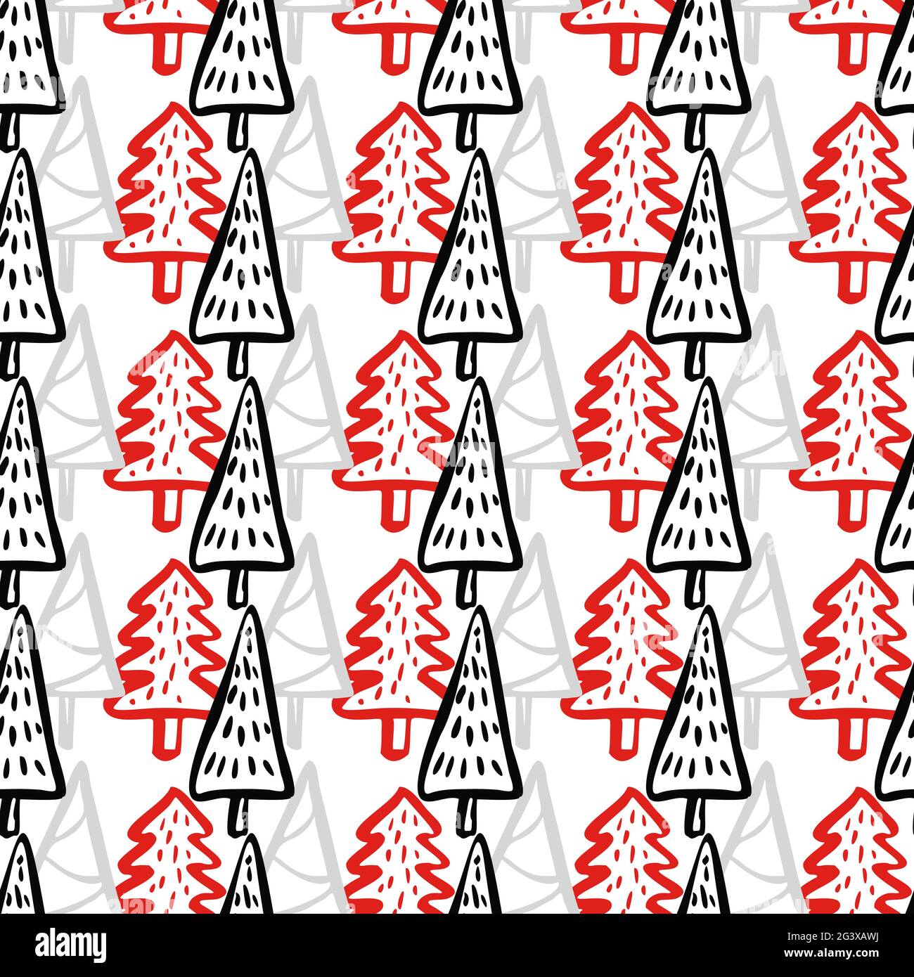 Weihnachtsbaum Doodle Nahtloses Muster. Winter Stylized Simple Fir Trees Endless Design zum Einwickeln von Papier, Scrapbooking, Textilien und Tapeten. Stock Vektor