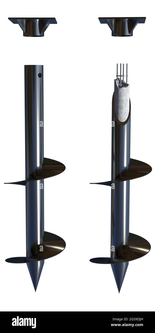 Schraubfundamente mit Spitzen - Beton und Bewehrung, isolierte industrielle 3D-Darstellung Stockfoto