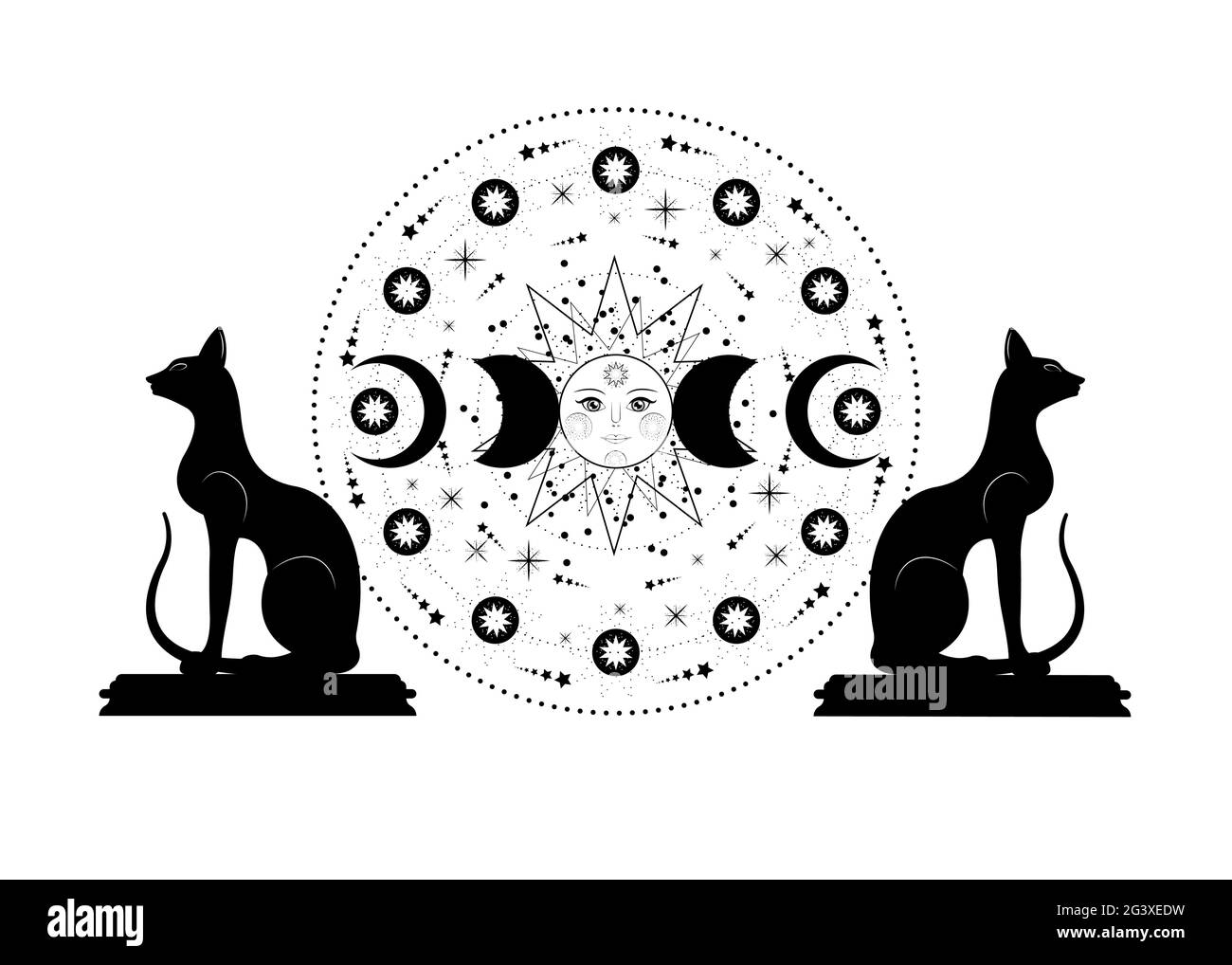 Dreifacher Mond und schwarze Katzen, heidnisches Symbol der Wiccan-Göttin, Sonnensystem, Mondphasen, Planetenbahnen, Energiekreis. Heilige Geometrie des Rades von Th Stock Vektor