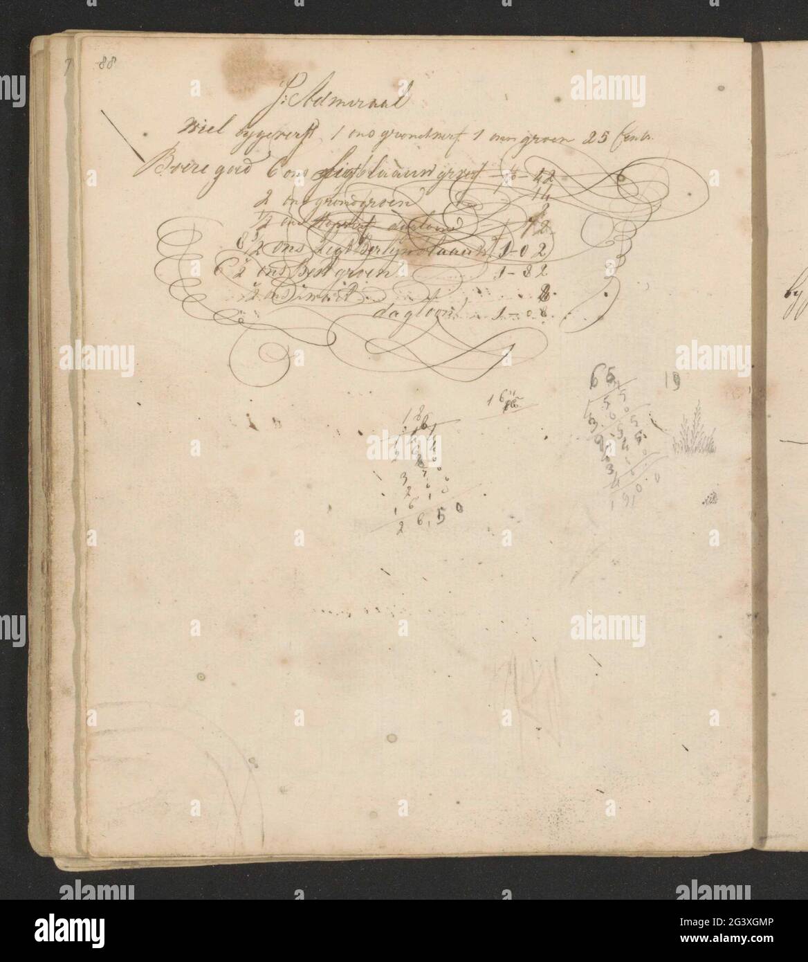 Grashalme. Auch eine Seite, die als Kassenbuch eines Malers mit Notizen über gekaufte Materialien verwendet wird. Seite 88 aus einem Skizzenbuch mit 96 Seiten. Stockfoto