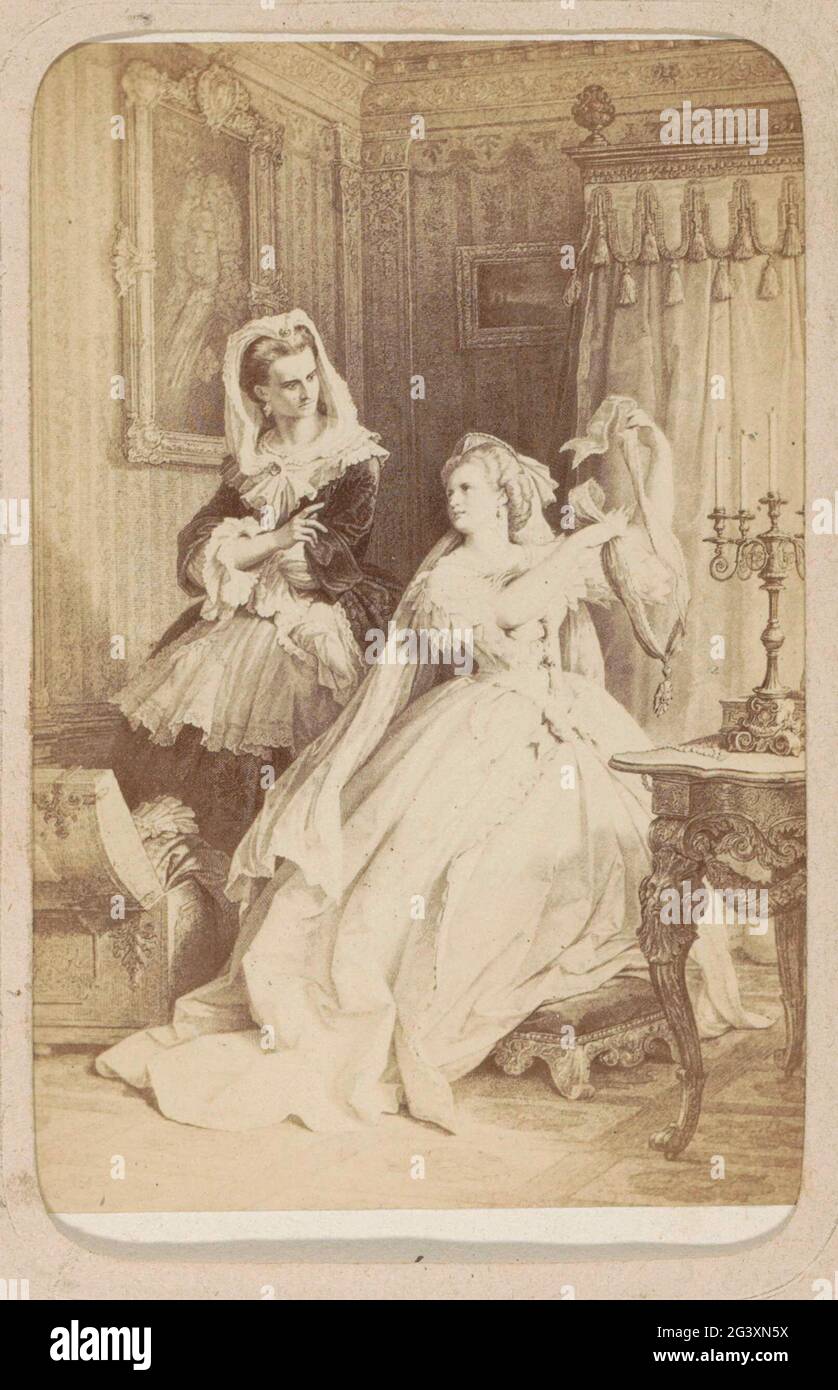 Fotoproduktion von (vermutlich) EINEM Druck zur Arbeit von W. von Kaulbach: Eugénie (natürliche Tochter); Eugénie (natürliche Tochter) W. von Kaulbach. Teil des Fotoalbummit 16 Cartes DE-Visite von Frauenfiguren aus dem Werk von J.WT von Goethe. Stockfoto